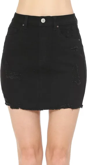 FashionMille Women's High Rise Frayed Hem Distressed Comfy Stretchy Denim Mini Skirt