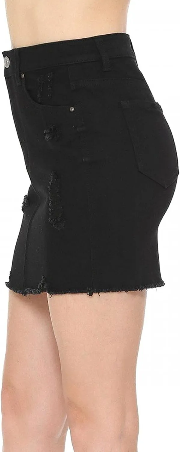 FashionMille Women's High Rise Frayed Hem Distressed Comfy Stretchy Denim Mini Skirt