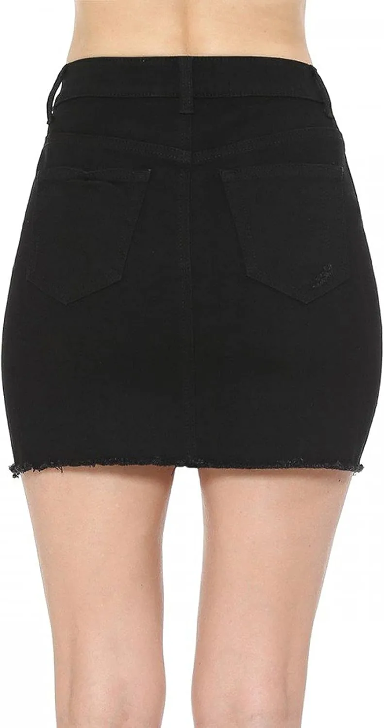 FashionMille Women's High Rise Frayed Hem Distressed Comfy Stretchy Denim Mini Skirt