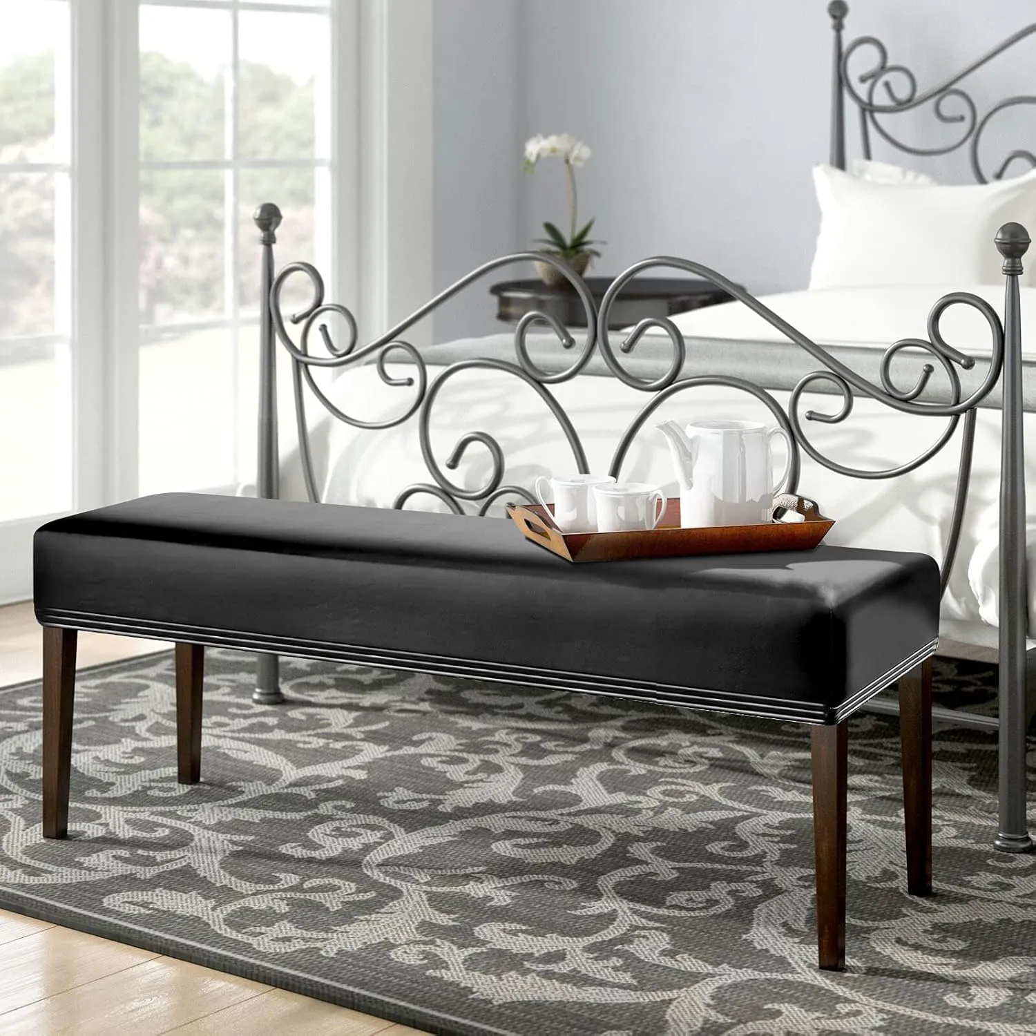 Faux Leather Dining Bench Cover - Anti-Dust Waterproof Bench Slipcover Stretch Seat Cushion Protector for Bedroom, Kitchen, Hotel, Banquet (Pu Black)