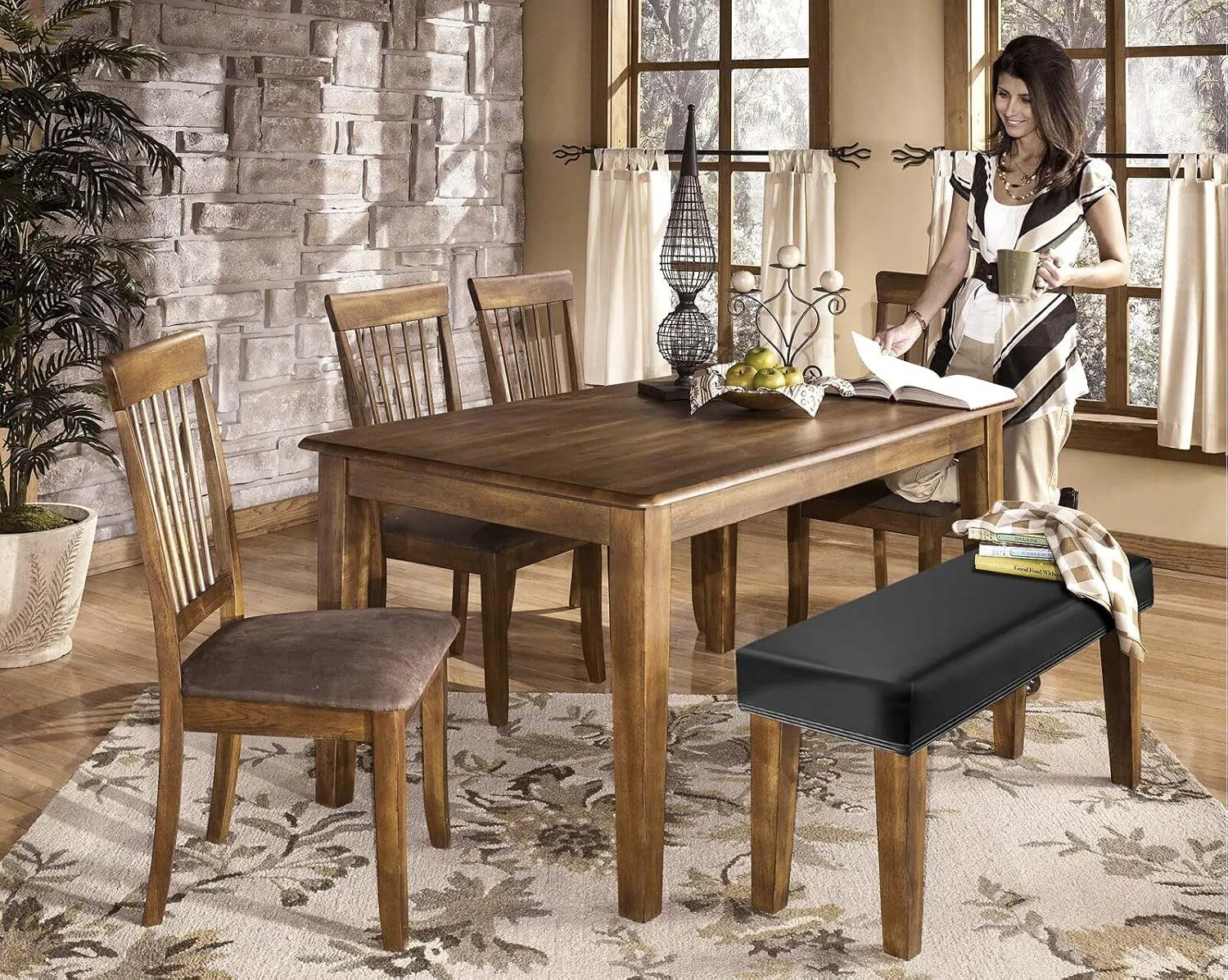 Faux Leather Dining Bench Cover - Anti-Dust Waterproof Bench Slipcover Stretch Seat Cushion Protector for Bedroom, Kitchen, Hotel, Banquet (Pu Black)