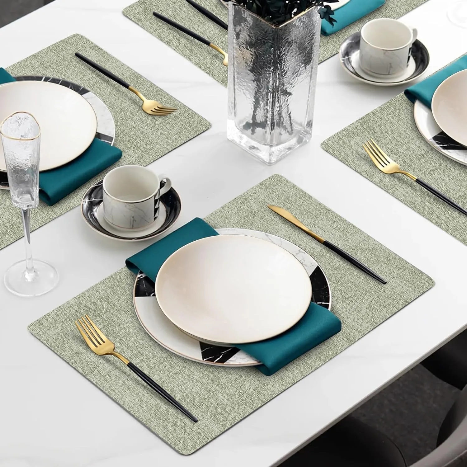 Faux Leather Heat Resistant Placemats Set of 8 – Waterproof Oilproof Wipeable Dining PU Vinyl Place Mat Easy Clean Table Mats for Kitchen/Dining/Party/Holiday, Grass Green