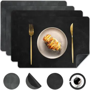 Faux Leather Placemats and Coasters, Washable Reversible Placemats Set of 4 Cowhide Pattern Place Mats Waterproof Non-Slip Kitchen Dining Table Mats Drink Coasters (Gray Black, 4)
