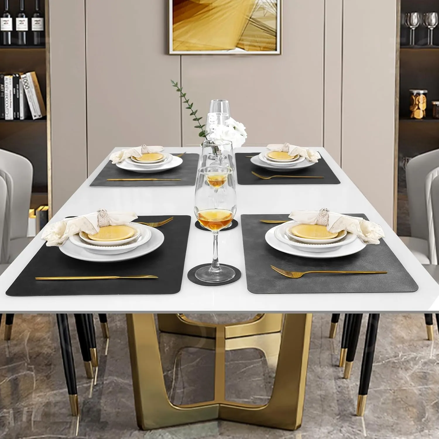 Faux Leather Placemats and Coasters, Washable Reversible Placemats Set of 4 Cowhide Pattern Place Mats Waterproof Non-Slip Kitchen Dining Table Mats Drink Coasters (Gray Black, 4)