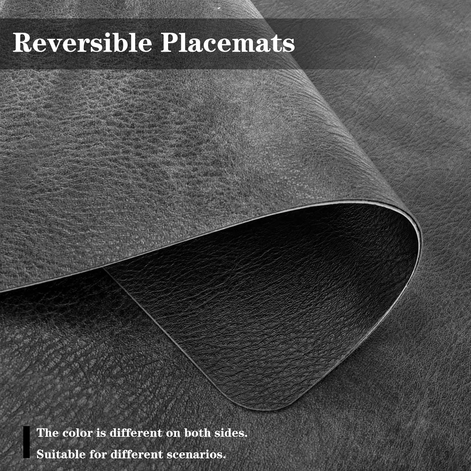 Faux Leather Placemats and Coasters, Washable Reversible Placemats Set of 4 Cowhide Pattern Place Mats Waterproof Non-Slip Kitchen Dining Table Mats Drink Coasters (Gray Black, 4)