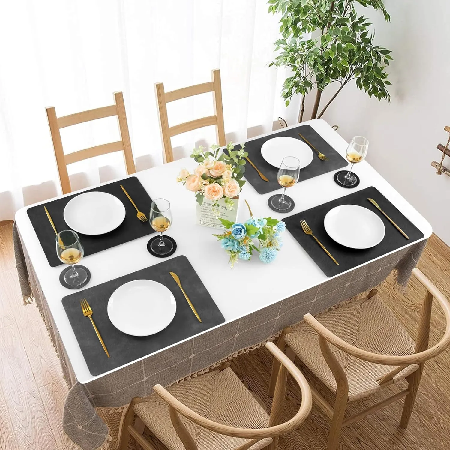 Faux Leather Placemats and Coasters, Washable Reversible Placemats Set of 4 Cowhide Pattern Place Mats Waterproof Non-Slip Kitchen Dining Table Mats Drink Coasters (Gray Black, 4)