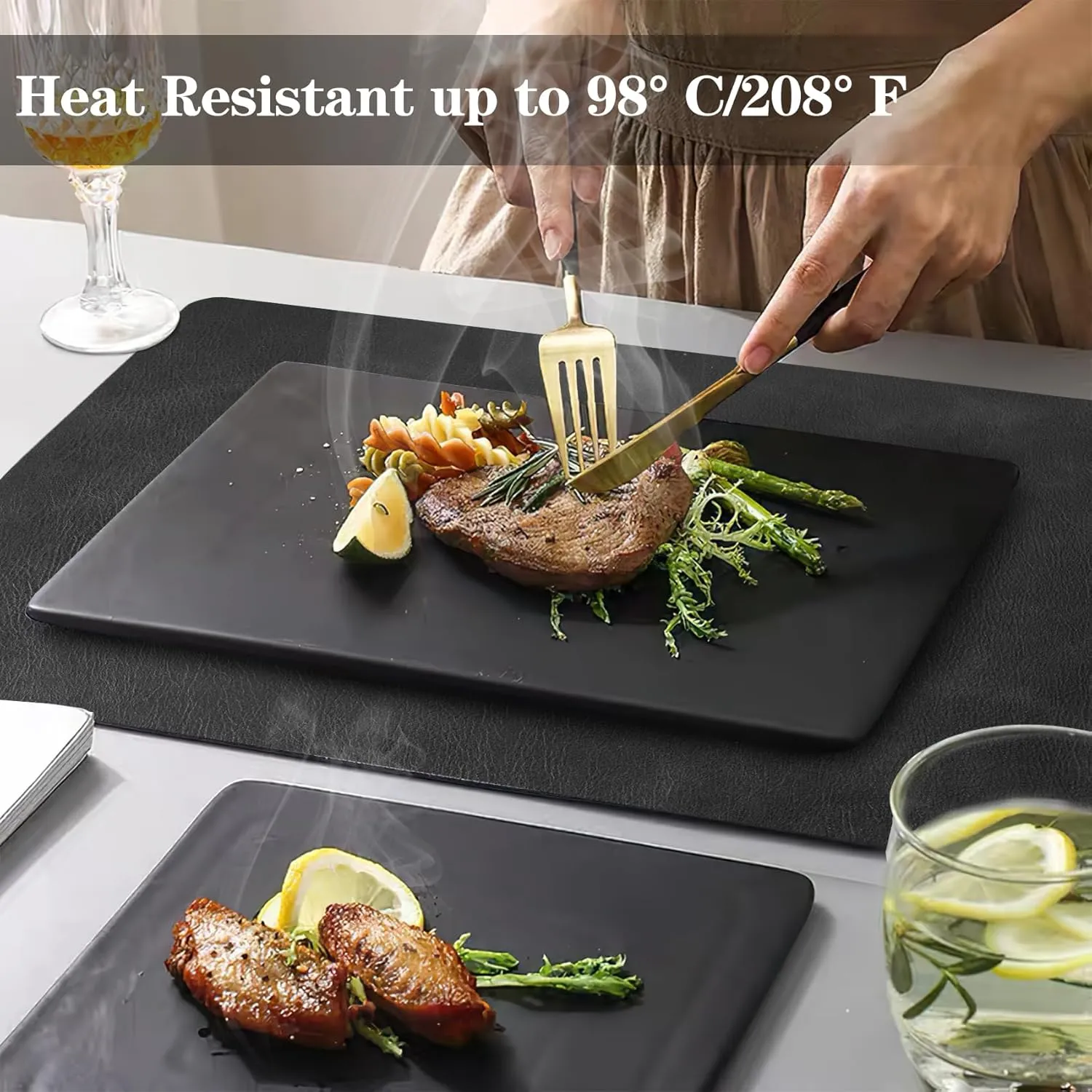 Faux Leather Placemats and Coasters, Washable Reversible Placemats Set of 4 Cowhide Pattern Place Mats Waterproof Non-Slip Kitchen Dining Table Mats Drink Coasters (Gray Black, 4)