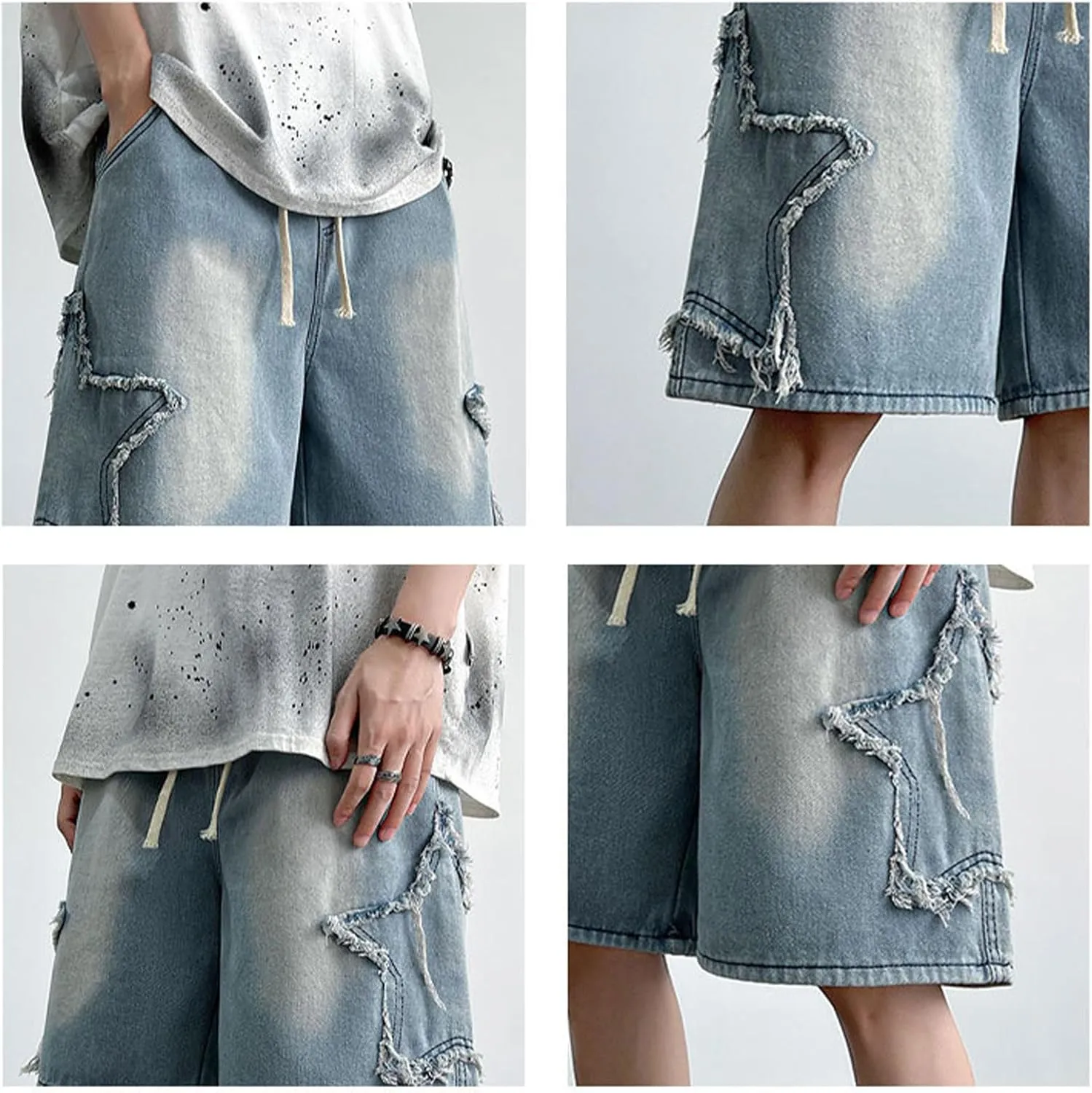 FCOOLYEET Men's Baggy Jeans Shorts Y2k Star Patchwork Denim Shorts Wide Leg Loose Hip-hop Jorts Y2k