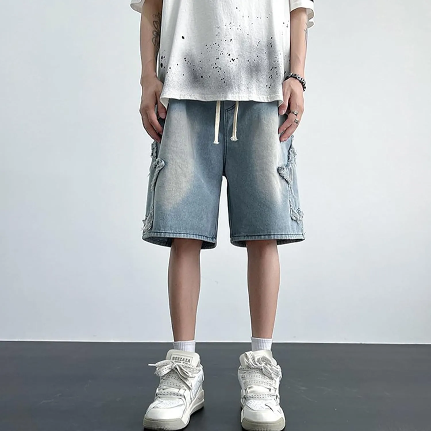 FCOOLYEET Men's Baggy Jeans Shorts Y2k Star Patchwork Denim Shorts Wide Leg Loose Hip-hop Jorts Y2k