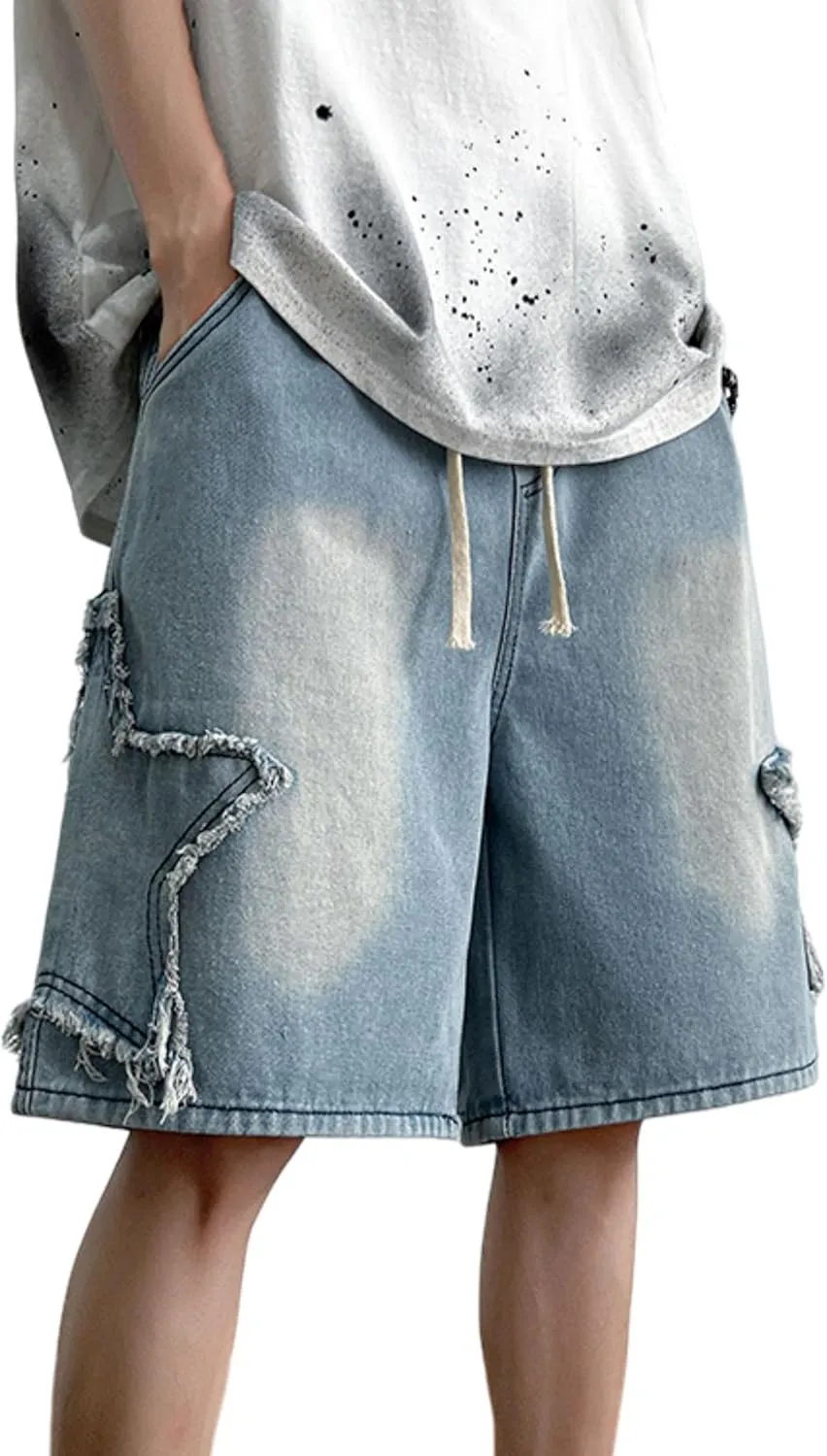 FCOOLYEET Men's Baggy Jeans Shorts Y2k Star Patchwork Denim Shorts Wide Leg Loose Hip-hop Jorts Y2k