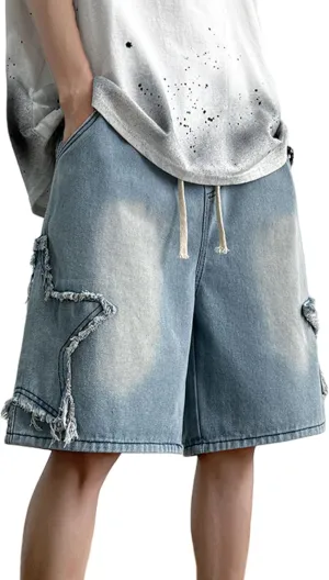 FCOOLYEET Men's Baggy Jeans Shorts Y2k Star Patchwork Denim Shorts Wide Leg Loose Hip-hop Jorts Y2k