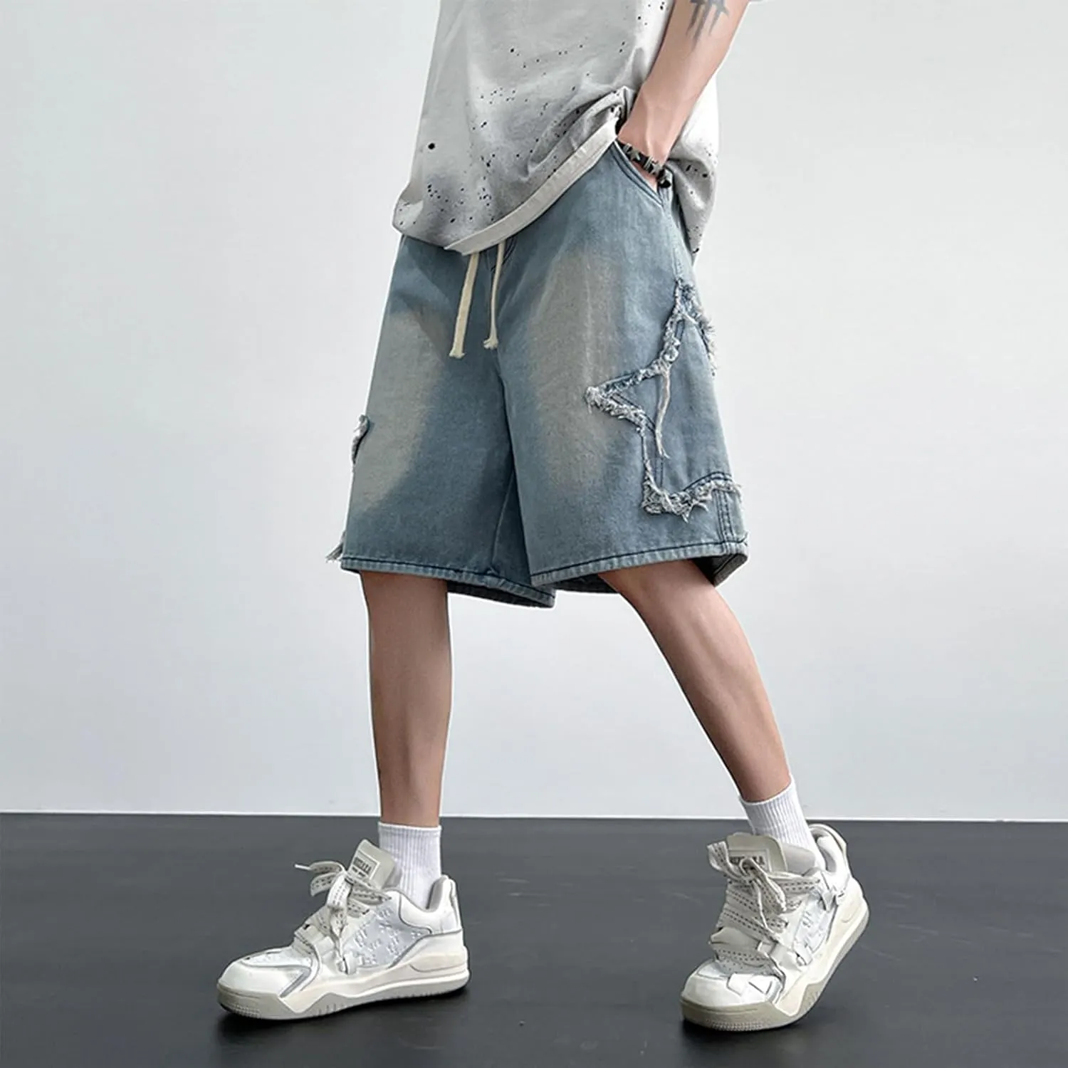 FCOOLYEET Men's Baggy Jeans Shorts Y2k Star Patchwork Denim Shorts Wide Leg Loose Hip-hop Jorts Y2k