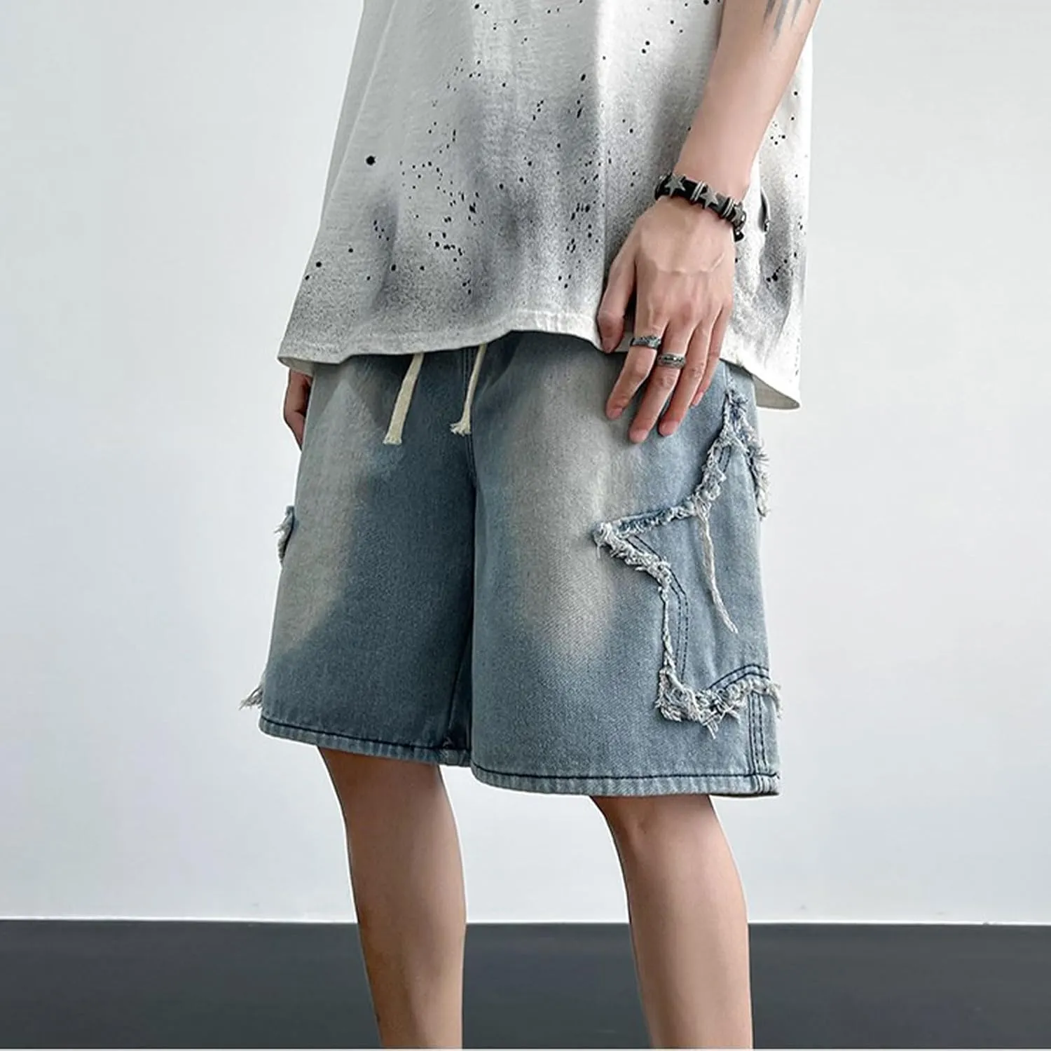 FCOOLYEET Men's Baggy Jeans Shorts Y2k Star Patchwork Denim Shorts Wide Leg Loose Hip-hop Jorts Y2k