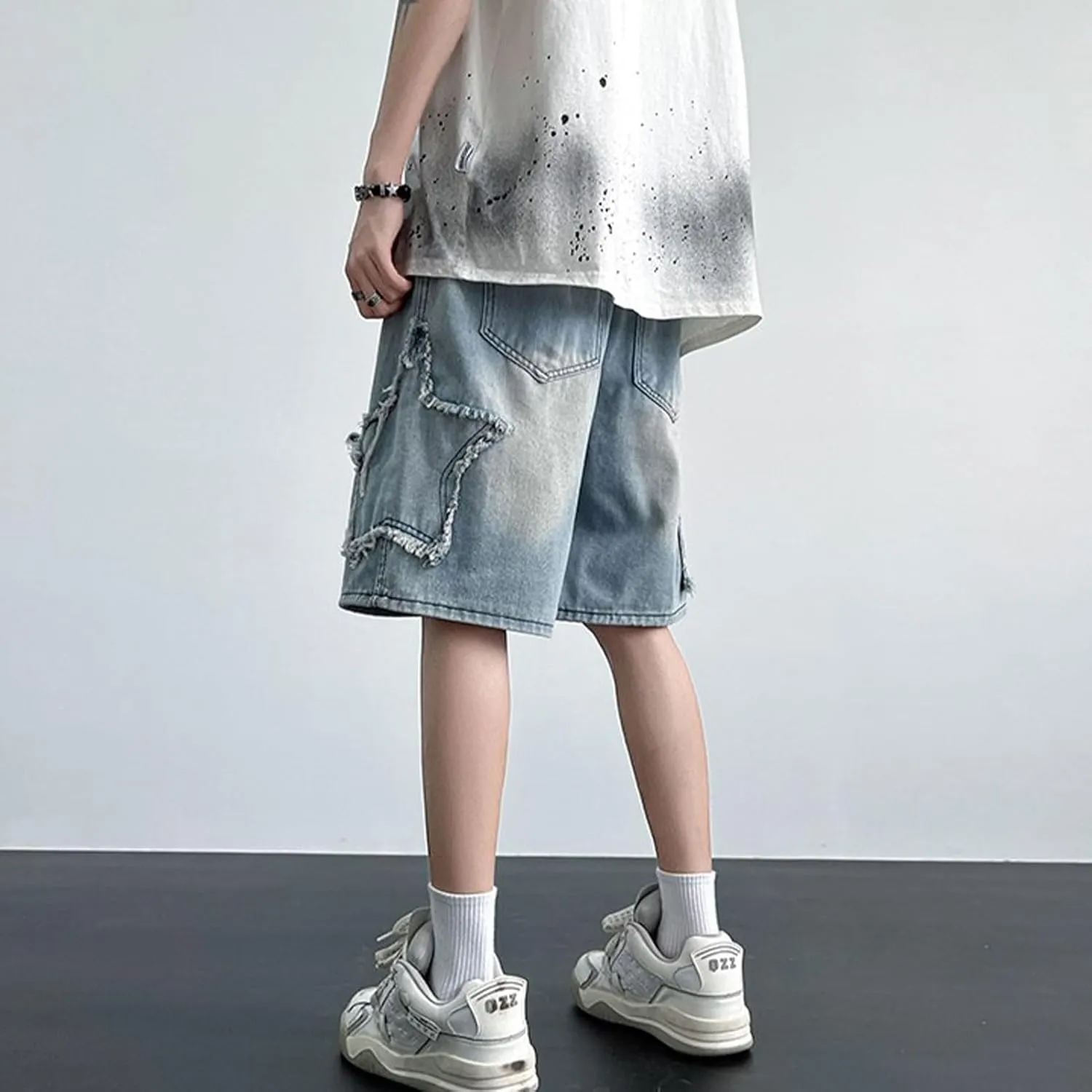 FCOOLYEET Men's Baggy Jeans Shorts Y2k Star Patchwork Denim Shorts Wide Leg Loose Hip-hop Jorts Y2k