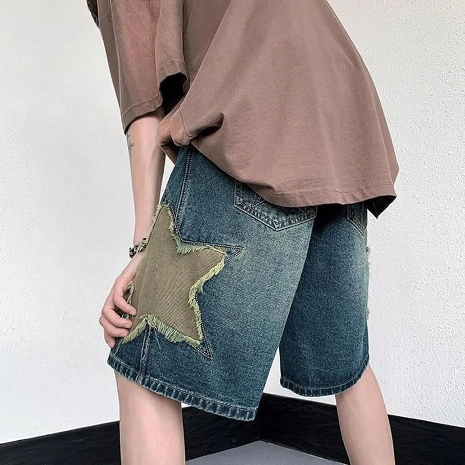 FCOOLYEET Men's Denim Shorts Y2k Baggy Star Jorts Shorts Loose Fit Patchwork Jeans Shorts Y2k Fashion Streetwear