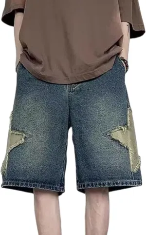 FCOOLYEET Men's Denim Shorts Y2k Baggy Star Jorts Shorts Loose Fit Patchwork Jeans Shorts Y2k Fashion Streetwear