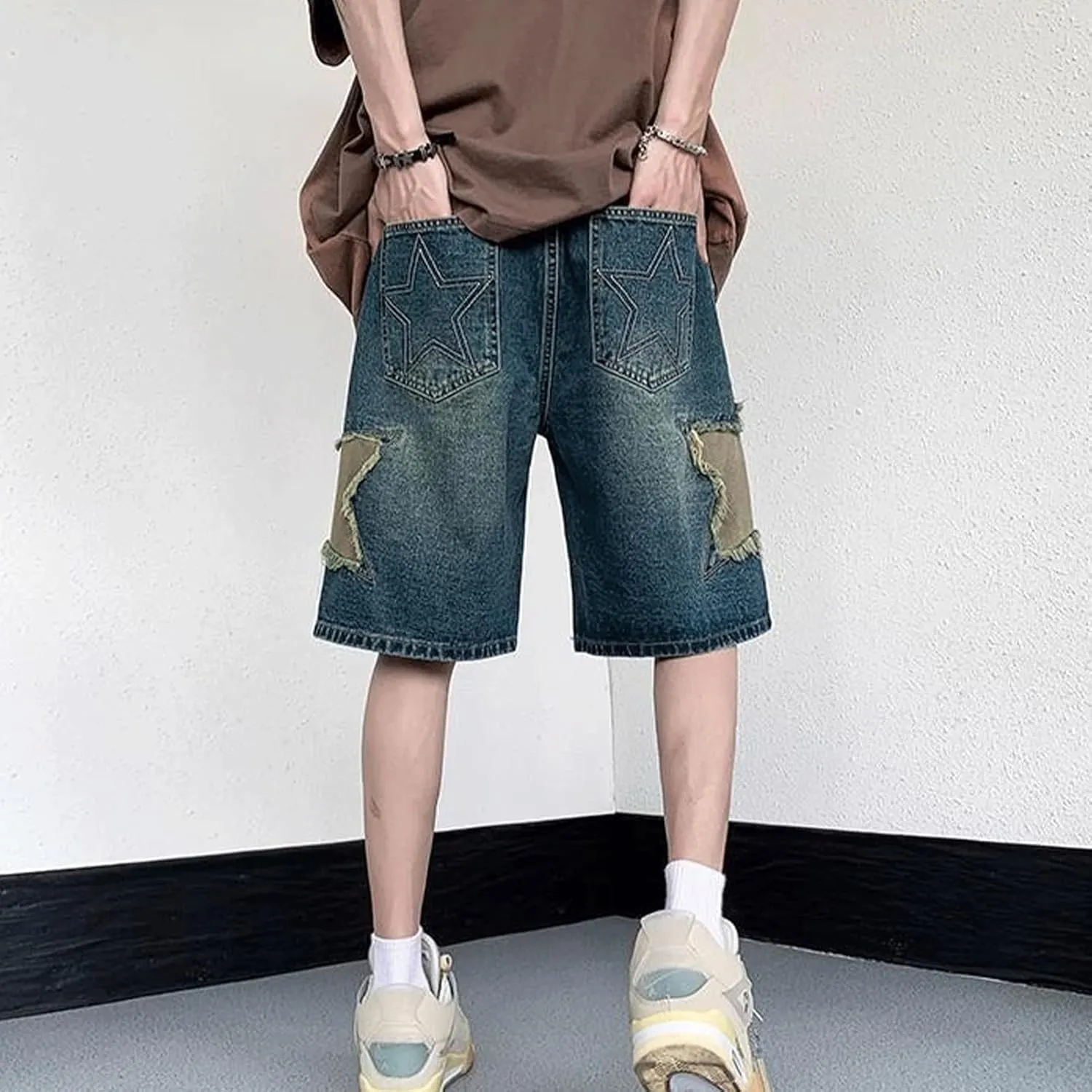 FCOOLYEET Men's Denim Shorts Y2k Baggy Star Jorts Shorts Loose Fit Patchwork Jeans Shorts Y2k Fashion Streetwear