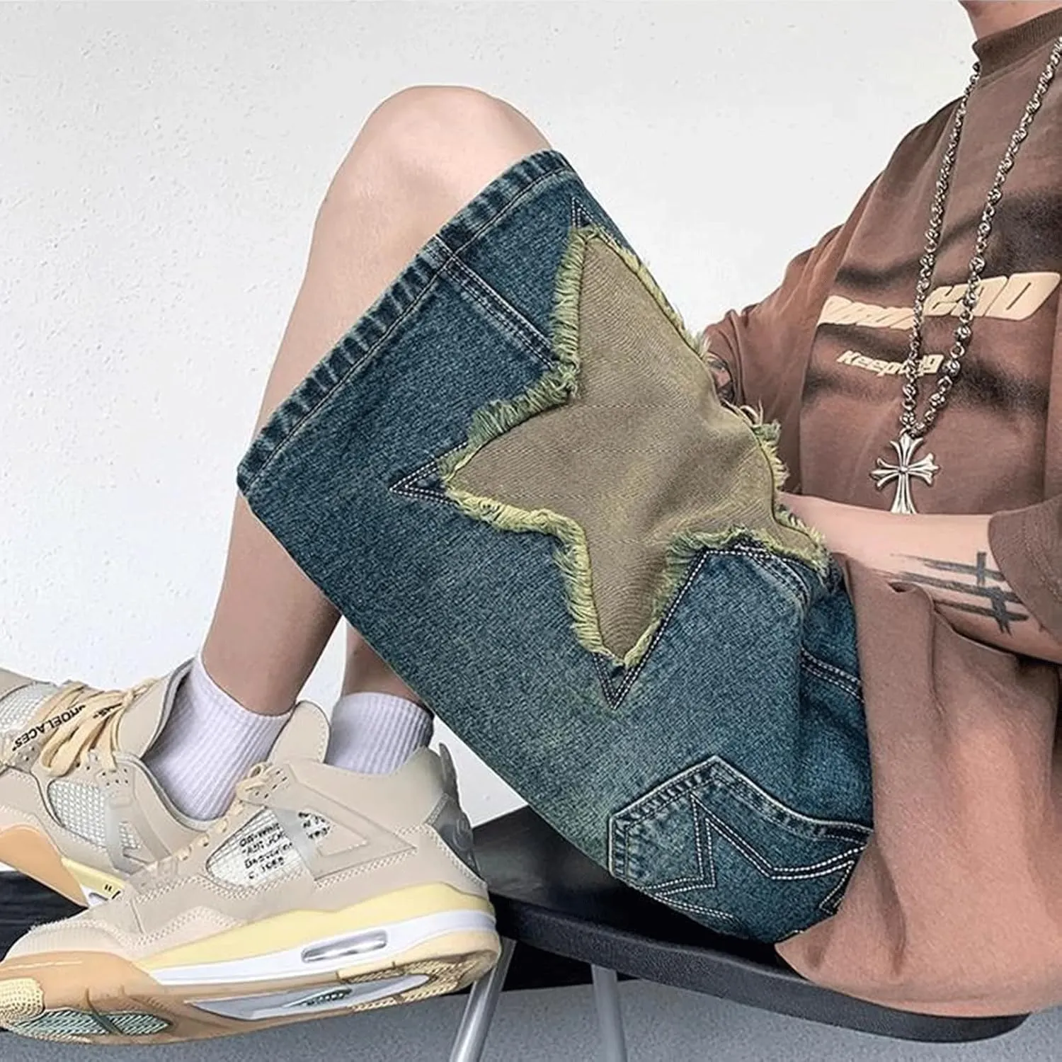 FCOOLYEET Men's Denim Shorts Y2k Baggy Star Jorts Shorts Loose Fit Patchwork Jeans Shorts Y2k Fashion Streetwear