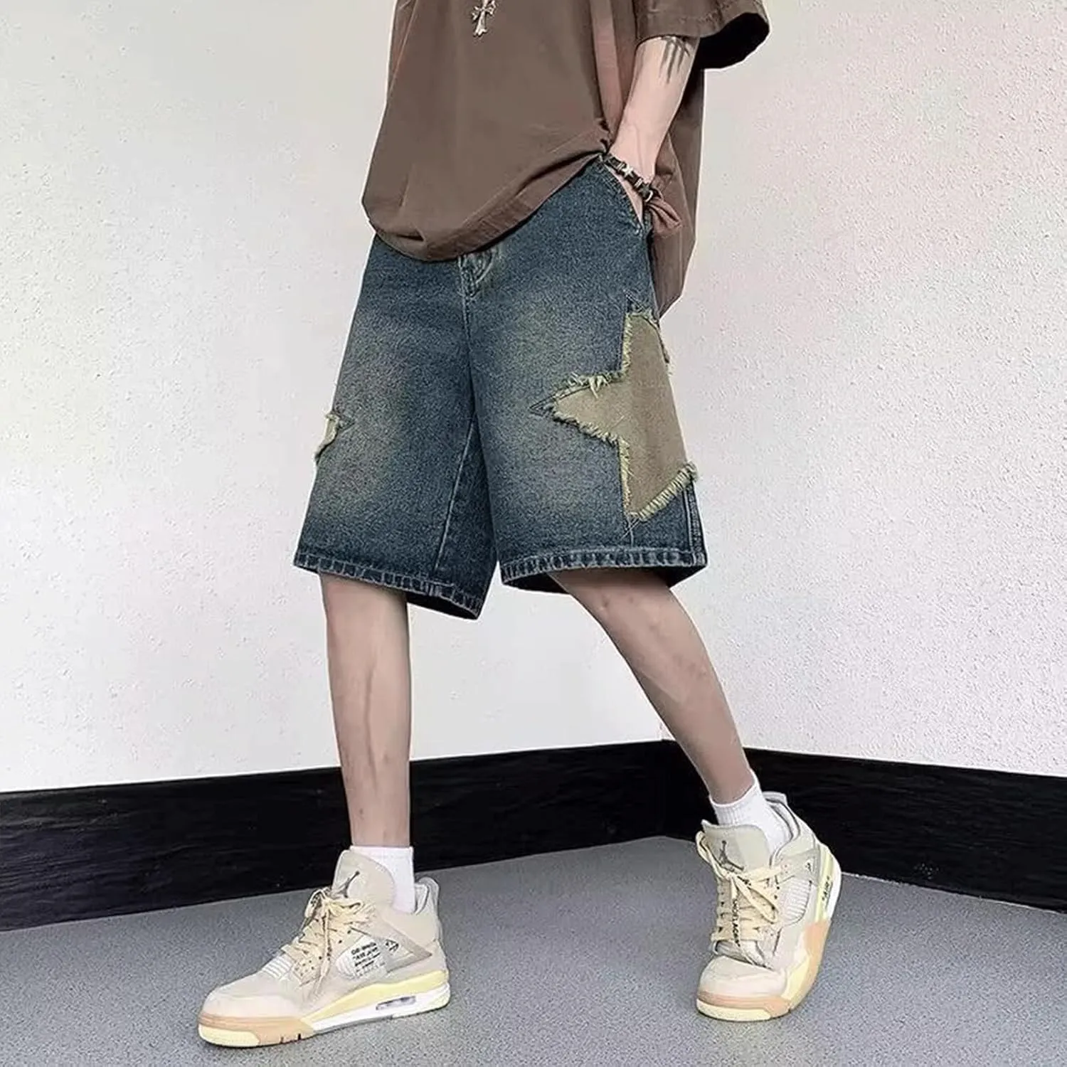 FCOOLYEET Men's Denim Shorts Y2k Baggy Star Jorts Shorts Loose Fit Patchwork Jeans Shorts Y2k Fashion Streetwear
