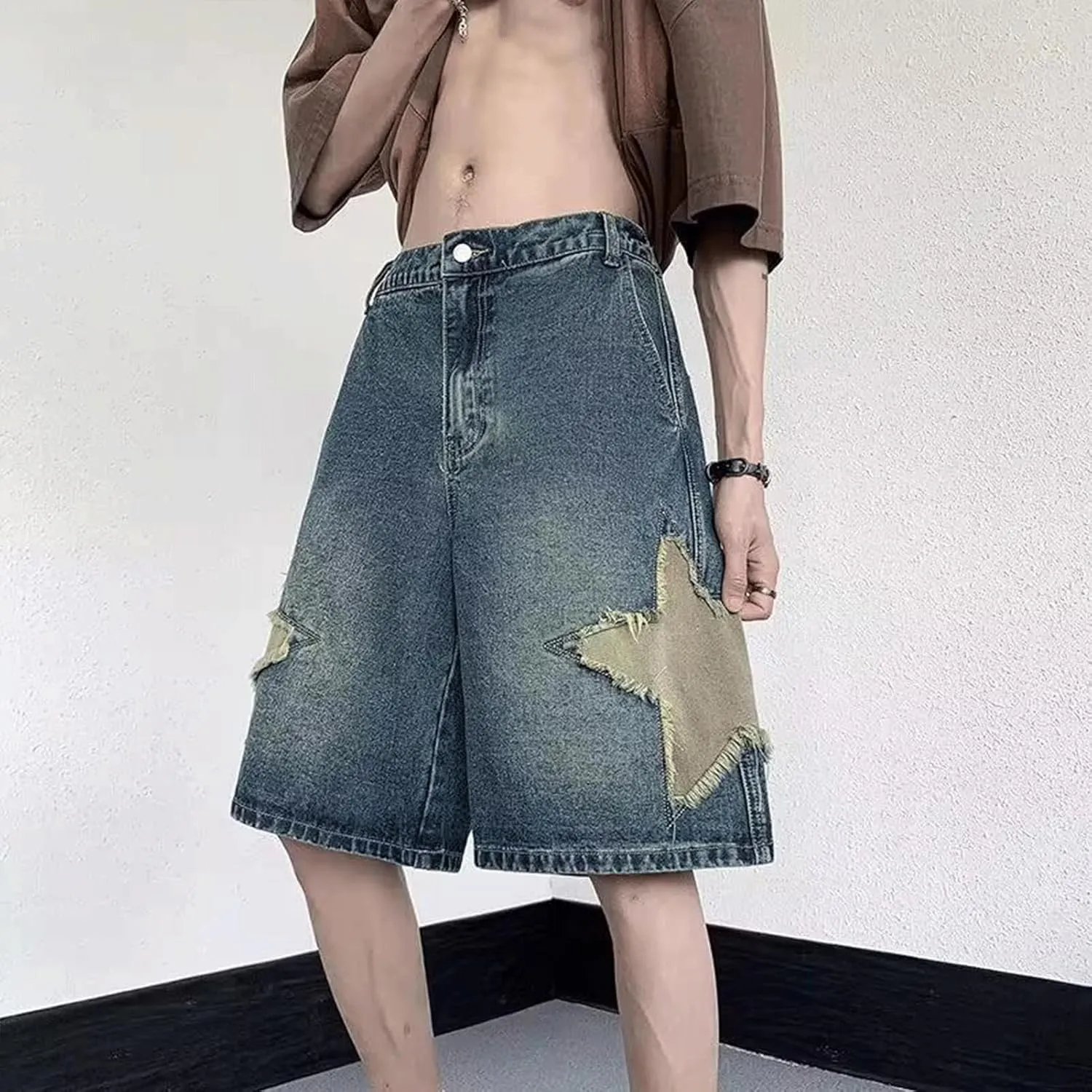 FCOOLYEET Men's Denim Shorts Y2k Baggy Star Jorts Shorts Loose Fit Patchwork Jeans Shorts Y2k Fashion Streetwear