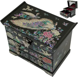February Mountain Mother of Pearl Wooden Jewelry Organizer Box – Jewelry Storage Box for Women, Features Spacious Drawers, Ideal for Rings, Bracelets, Watches, Chains, Accessories (Peacock)
