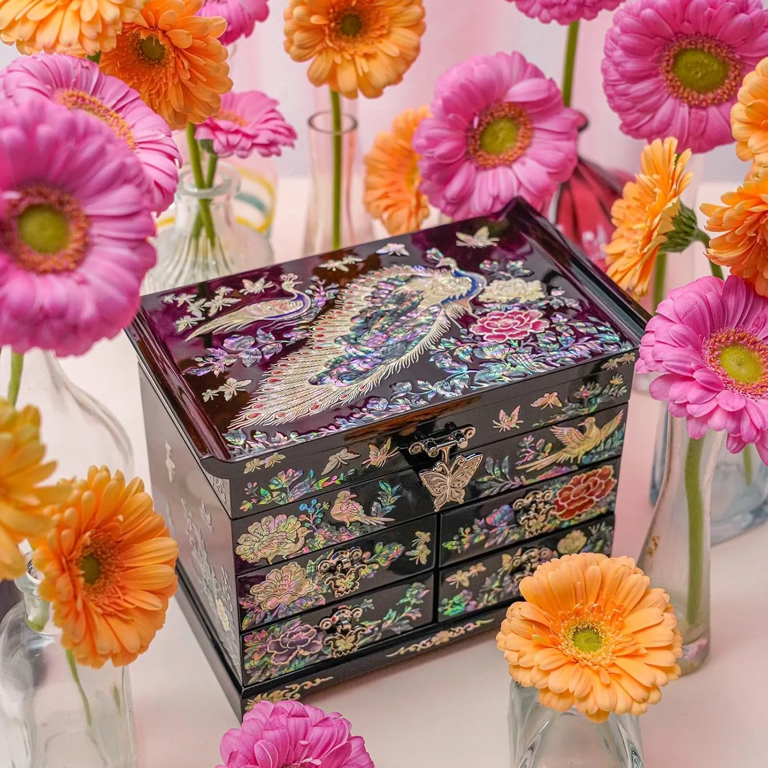 February Mountain Mother of Pearl Wooden Jewelry Organizer Box – Jewelry Storage Box for Women, Features Spacious Drawers, Ideal for Rings, Bracelets, Watches, Chains, Accessories (Peacock)