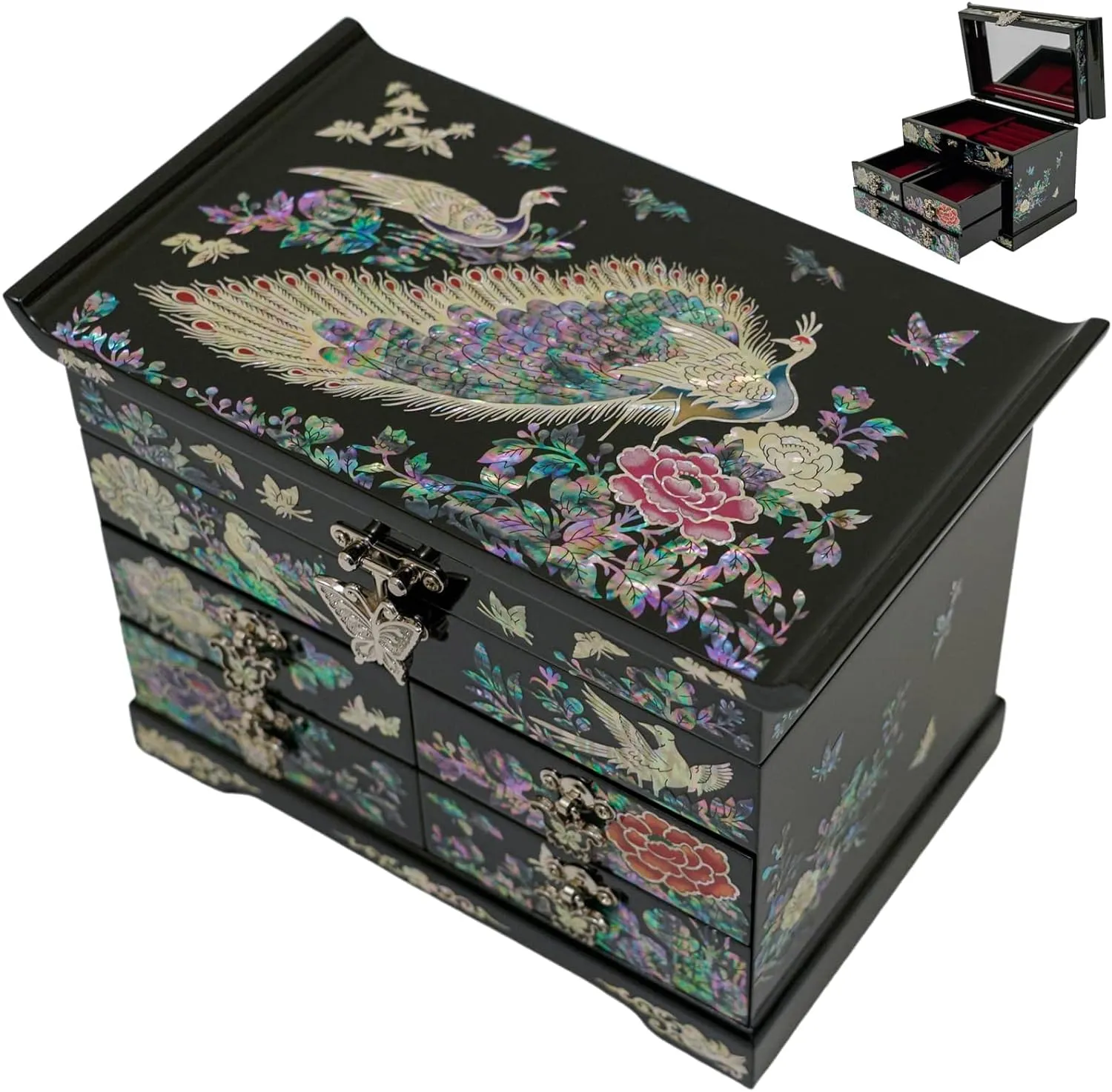 February Mountain Mother of Pearl Wooden Jewelry Organizer Box – Jewelry Storage Box for Women, Features Spacious Drawers, Ideal for Rings, Bracelets, Watches, Chains, Accessories (Peacock)