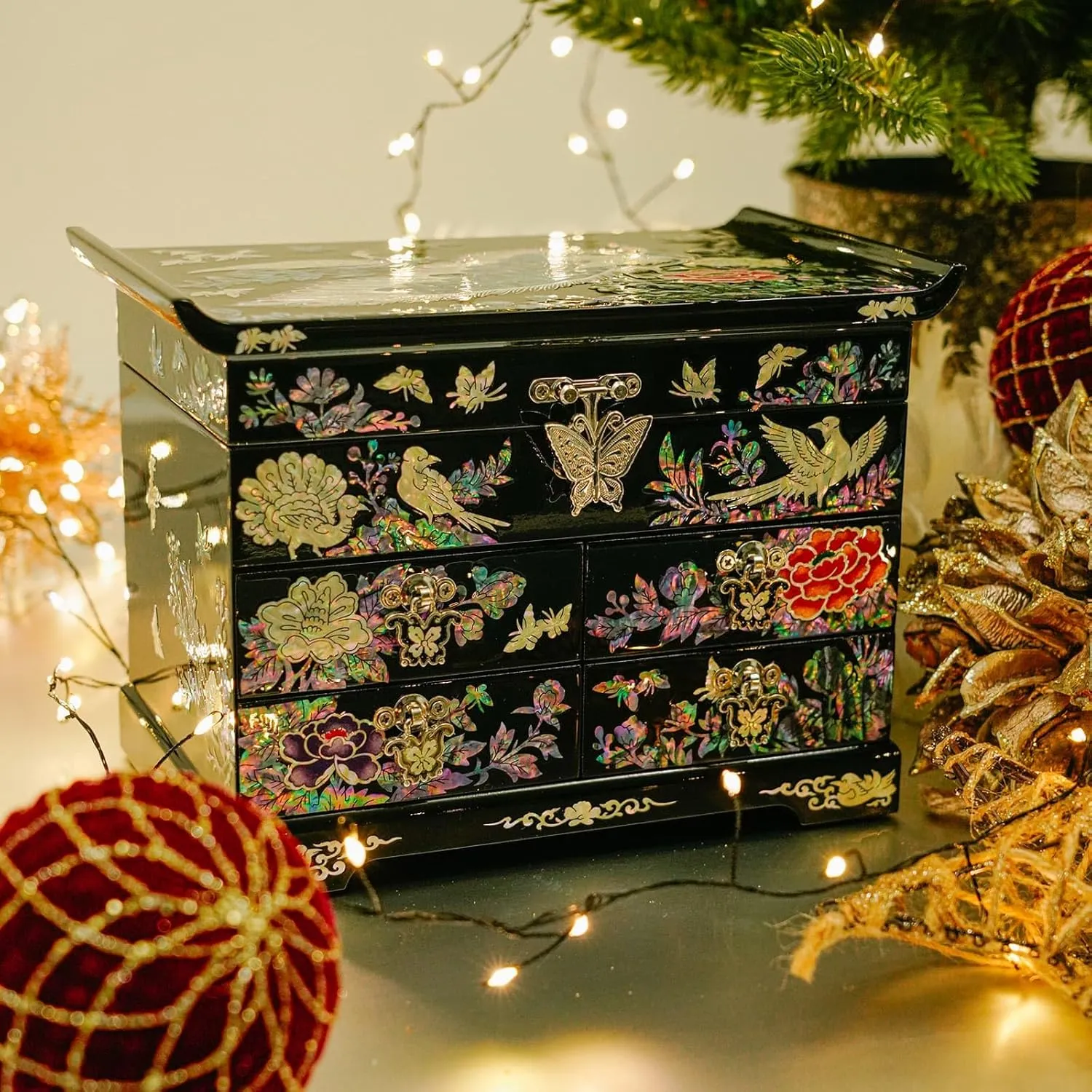 February Mountain Mother of Pearl Wooden Jewelry Organizer Box – Jewelry Storage Box for Women, Features Spacious Drawers, Ideal for Rings, Bracelets, Watches, Chains, Accessories (Peacock)