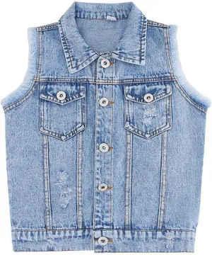 FEESHOW Girls Kids Lapel Retro Ripped Denim Vest Sleeveless Button-Down Sleeveless Waistcoat Outerwear Daily Wear