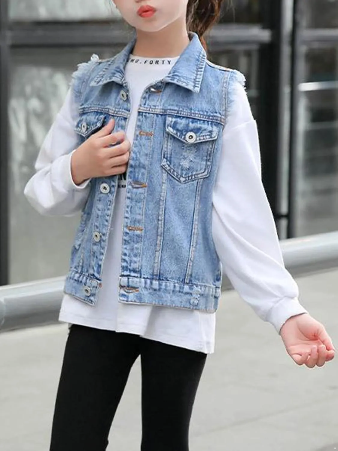 FEESHOW Girls Kids Lapel Retro Ripped Denim Vest Sleeveless Button-Down Sleeveless Waistcoat Outerwear Daily Wear