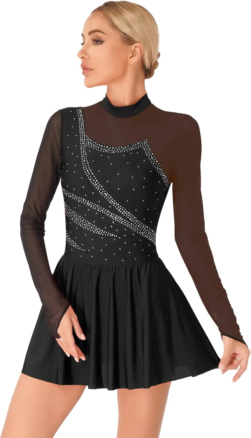 FEESHOW Lyrical Dresses Figure Skating Dresses for Women Rhinestone Dance Leotards Ballet Majorette Dance Uniforms