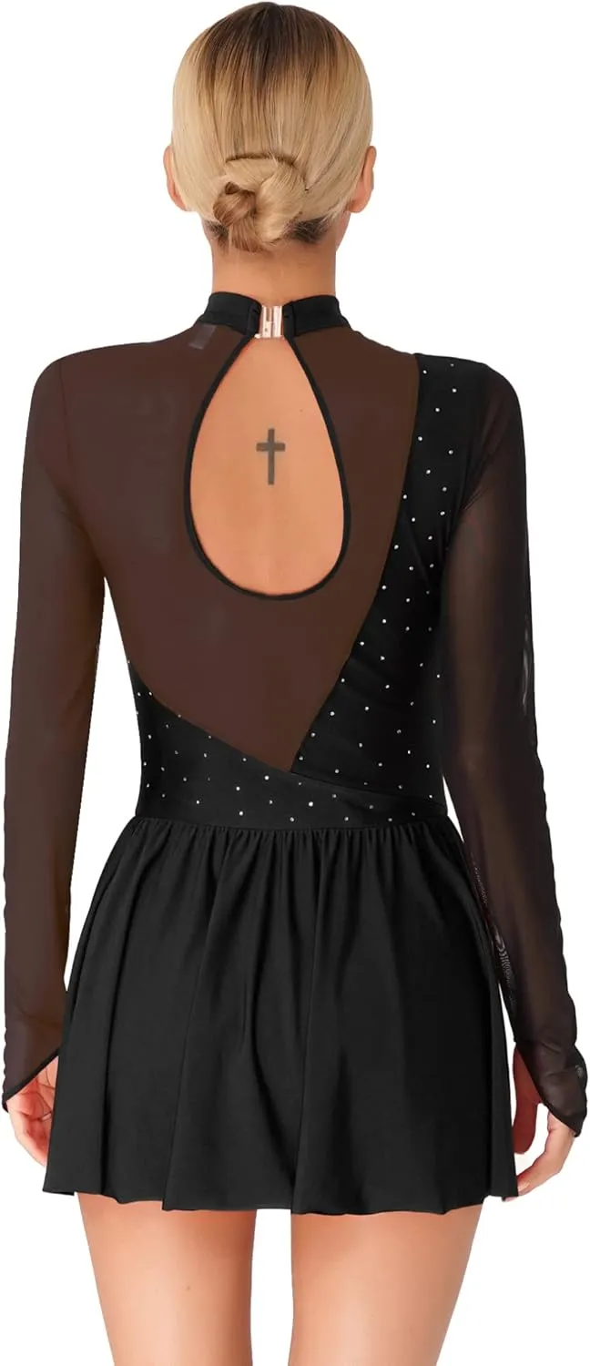 FEESHOW Lyrical Dresses Figure Skating Dresses for Women Rhinestone Dance Leotards Ballet Majorette Dance Uniforms