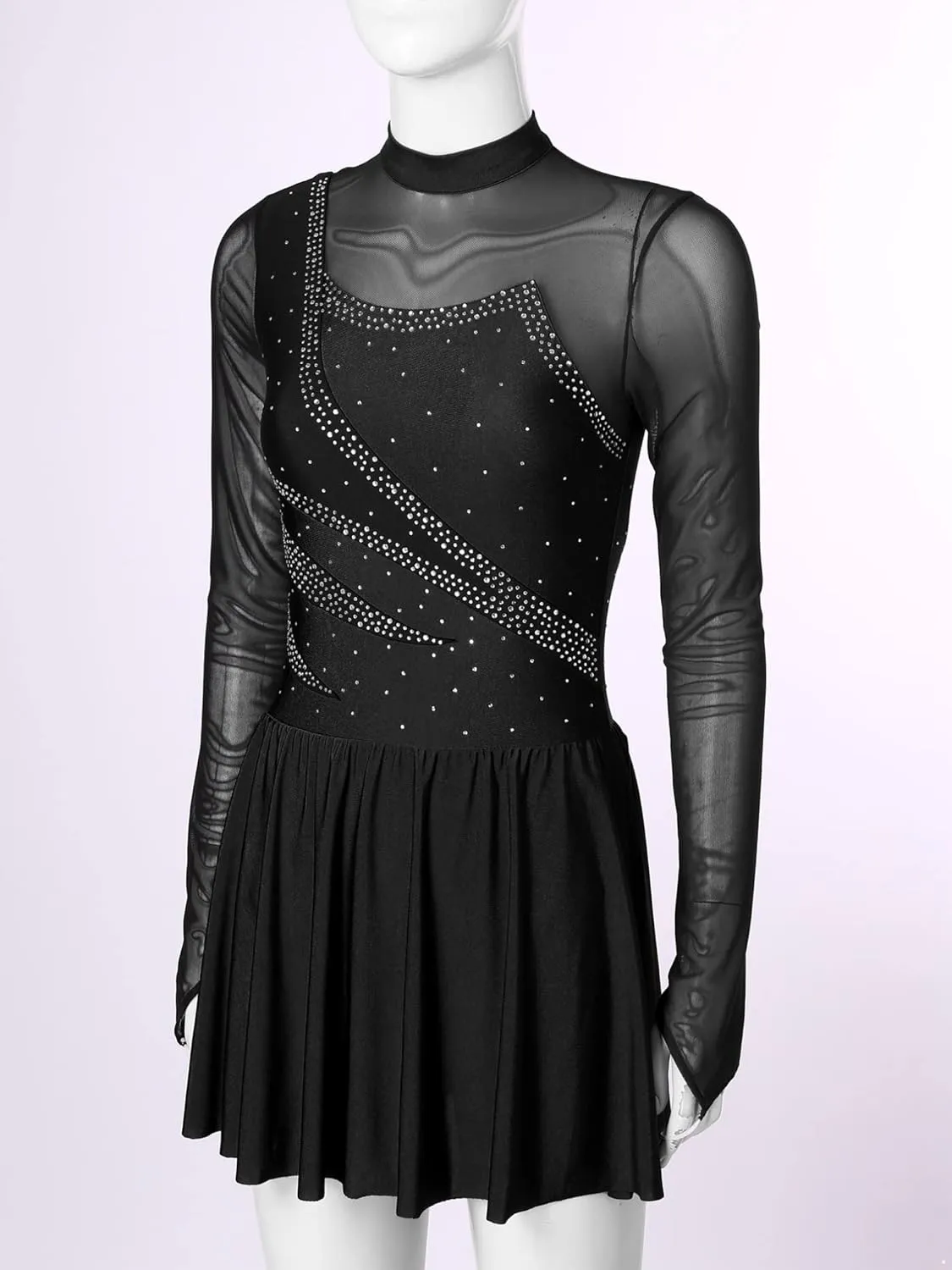 FEESHOW Lyrical Dresses Figure Skating Dresses for Women Rhinestone Dance Leotards Ballet Majorette Dance Uniforms