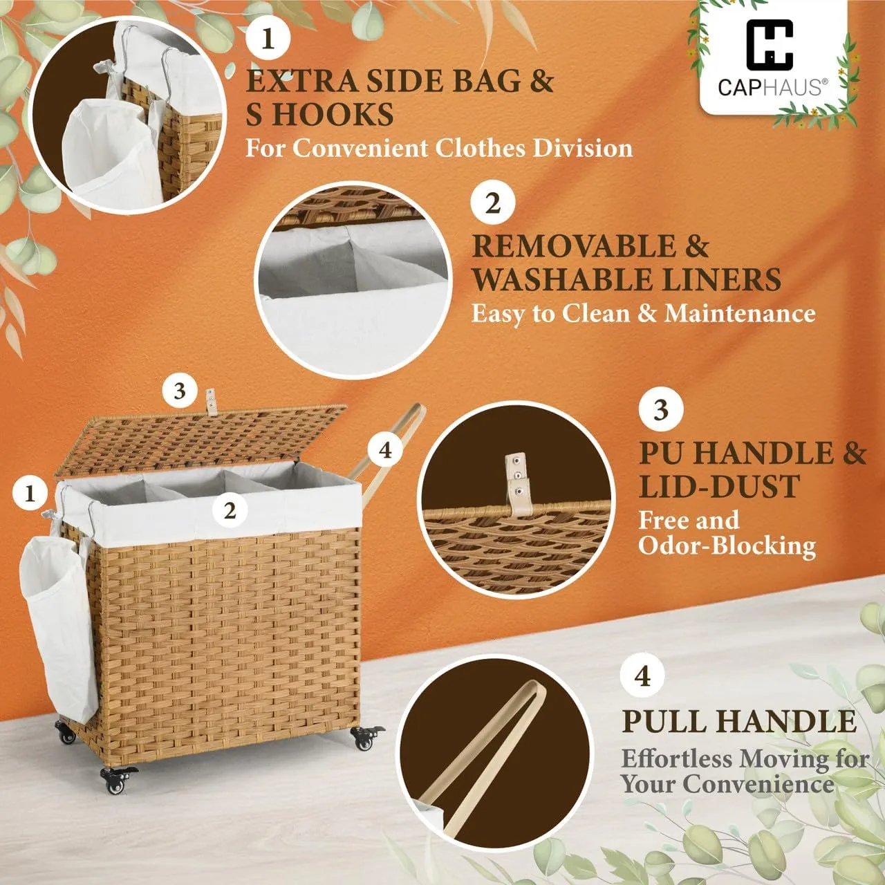 Fencer Wire 160L Synthetic Rattan Clothes Basket w/Pulling Strap & Wheels, Storage Basket w/Lid, Handwoven Basket w/Wheels, 2 Removable Liner Bags, Mesh Bags for Laundry, Laundry Basket, Natural