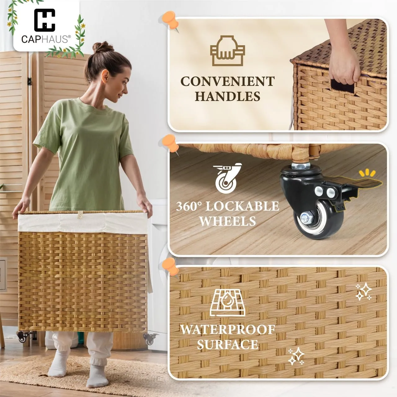Fencer Wire 160L Synthetic Rattan Clothes Basket w/Pulling Strap & Wheels, Storage Basket w/Lid, Handwoven Basket w/Wheels, 2 Removable Liner Bags, Mesh Bags for Laundry, Laundry Basket, Natural