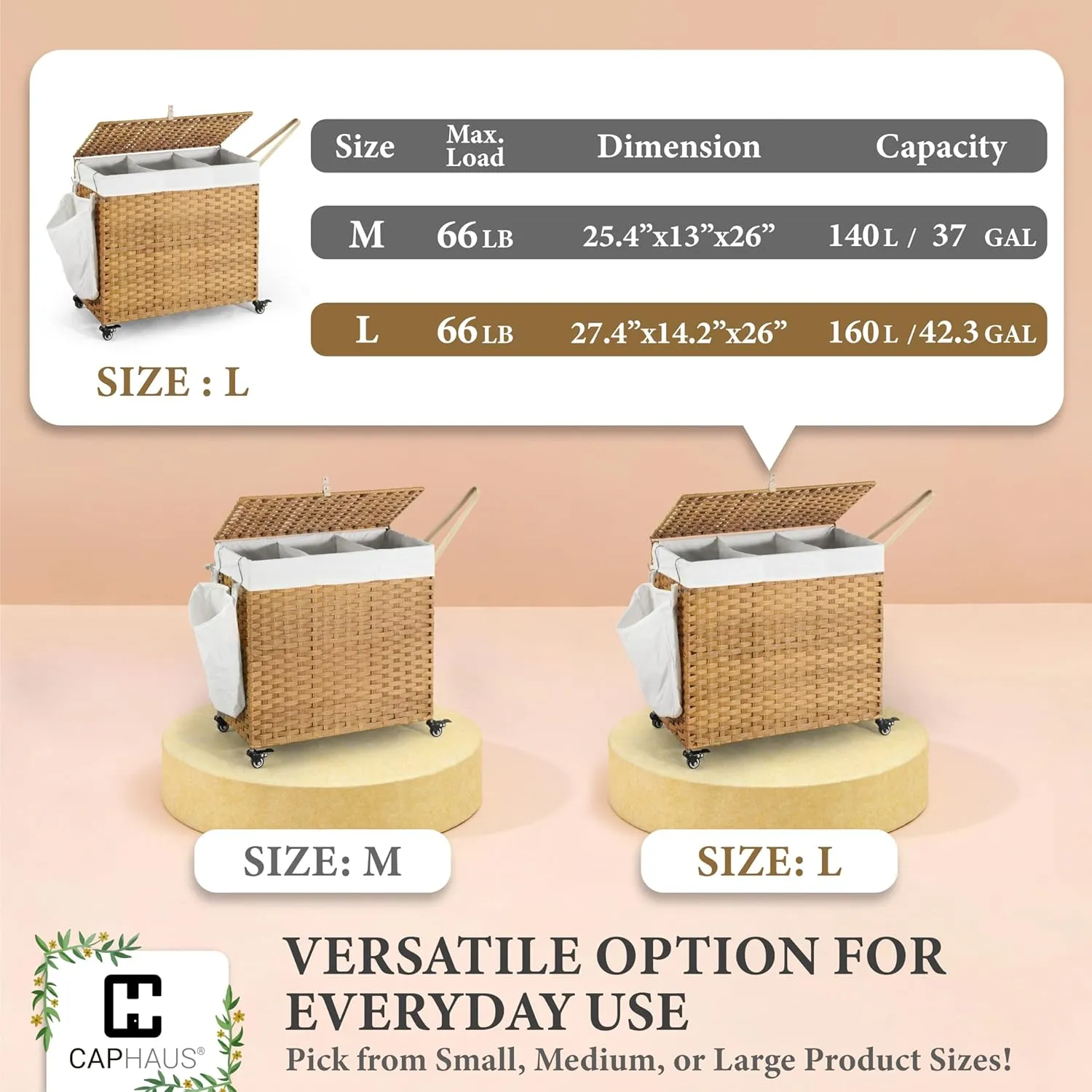 Fencer Wire 160L Synthetic Rattan Clothes Basket w/Pulling Strap & Wheels, Storage Basket w/Lid, Handwoven Basket w/Wheels, 2 Removable Liner Bags, Mesh Bags for Laundry, Laundry Basket, Natural
