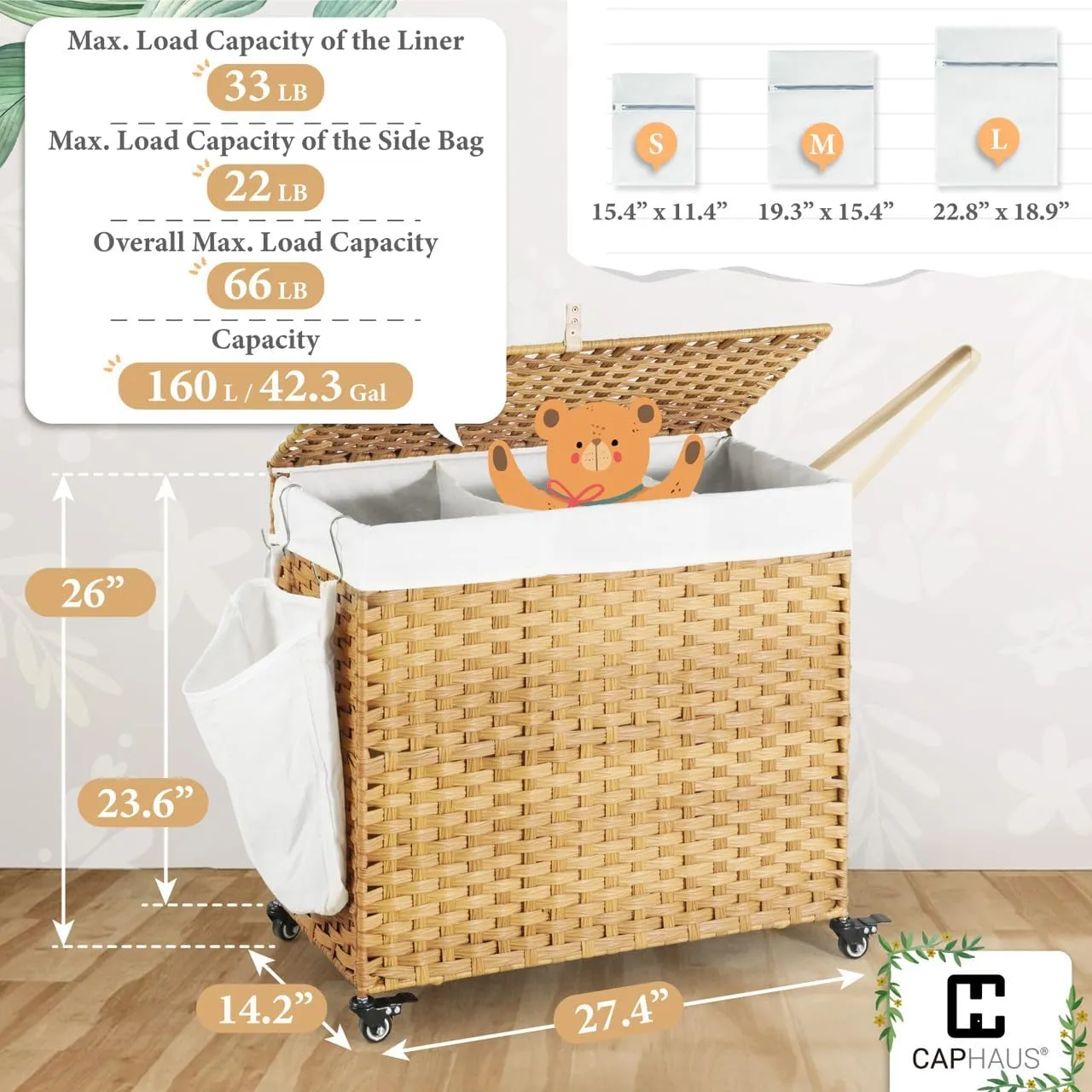 Fencer Wire 160L Synthetic Rattan Clothes Basket w/Pulling Strap & Wheels, Storage Basket w/Lid, Handwoven Basket w/Wheels, 2 Removable Liner Bags, Mesh Bags for Laundry, Laundry Basket, Natural