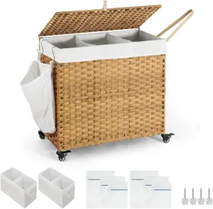 Fencer Wire 160L Synthetic Rattan Clothes Basket w/Pulling Strap & Wheels, Storage Basket w/Lid, Handwoven Basket w/Wheels, 2 Removable Liner Bags, Mesh Bags for Laundry, Laundry Basket, Natural