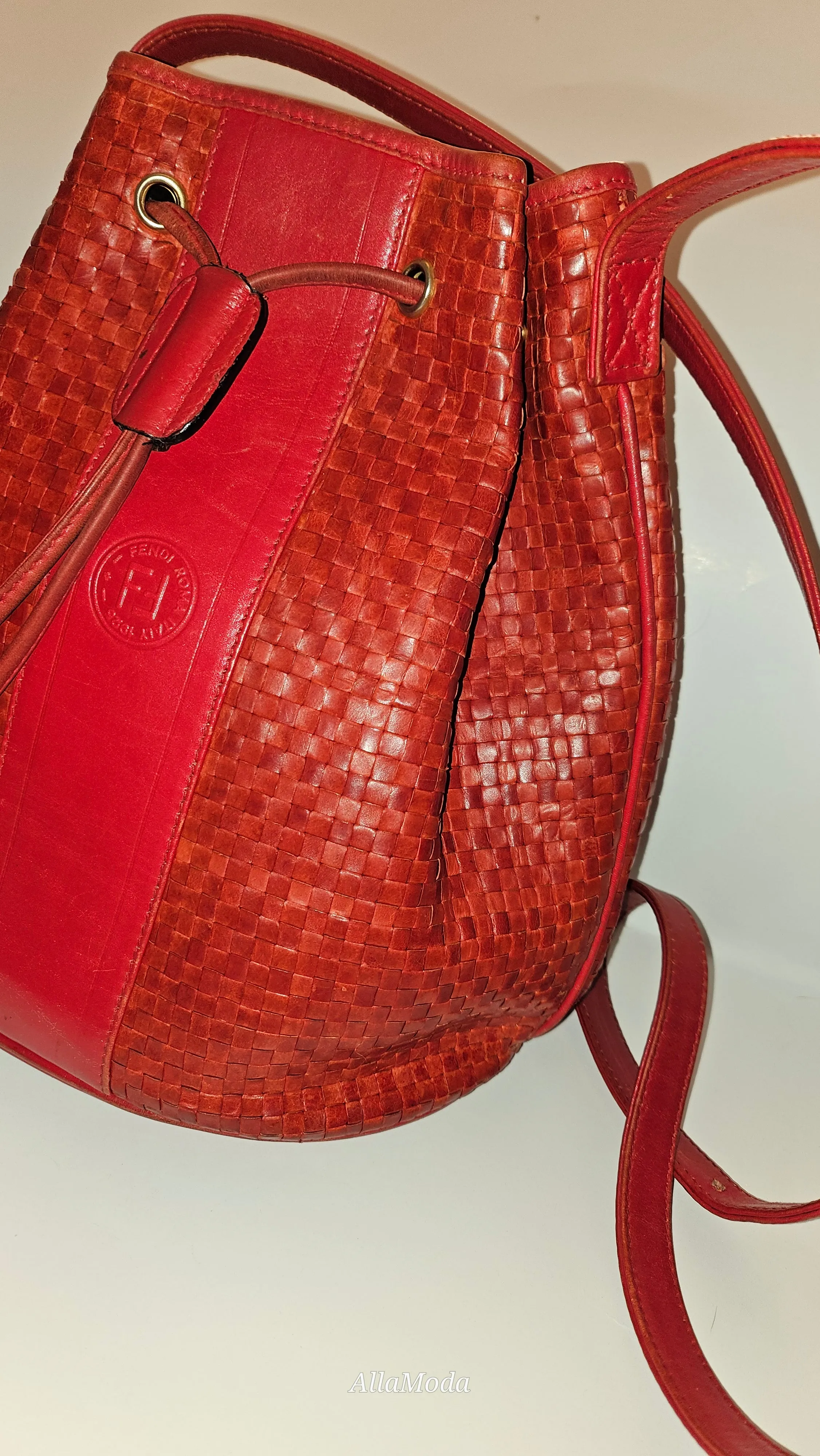 Fendi Red Intrecciato Leather Crossbody Bucket Bag