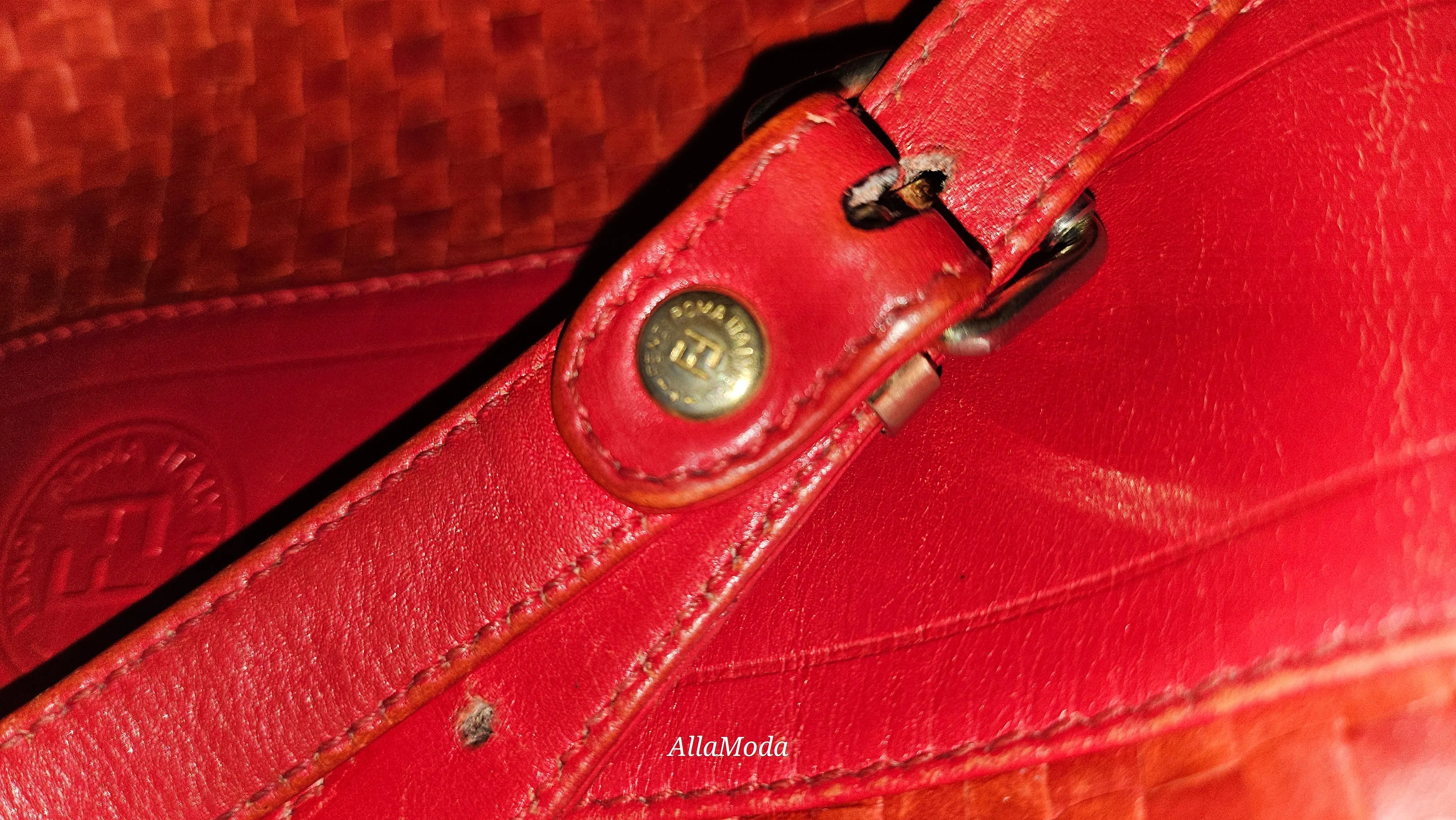 Fendi Red Intrecciato Leather Crossbody Bucket Bag