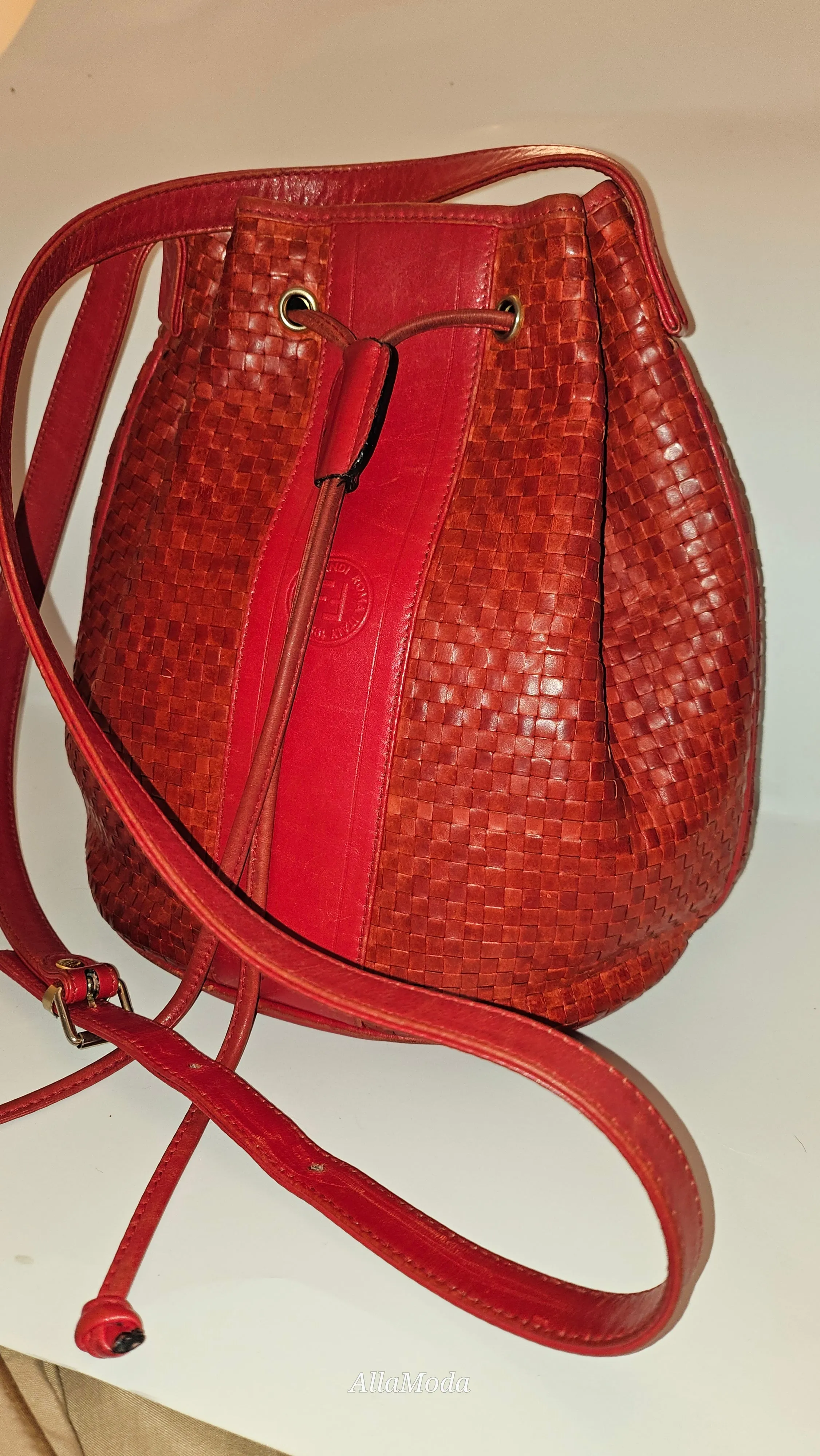 Fendi Red Intrecciato Leather Crossbody Bucket Bag