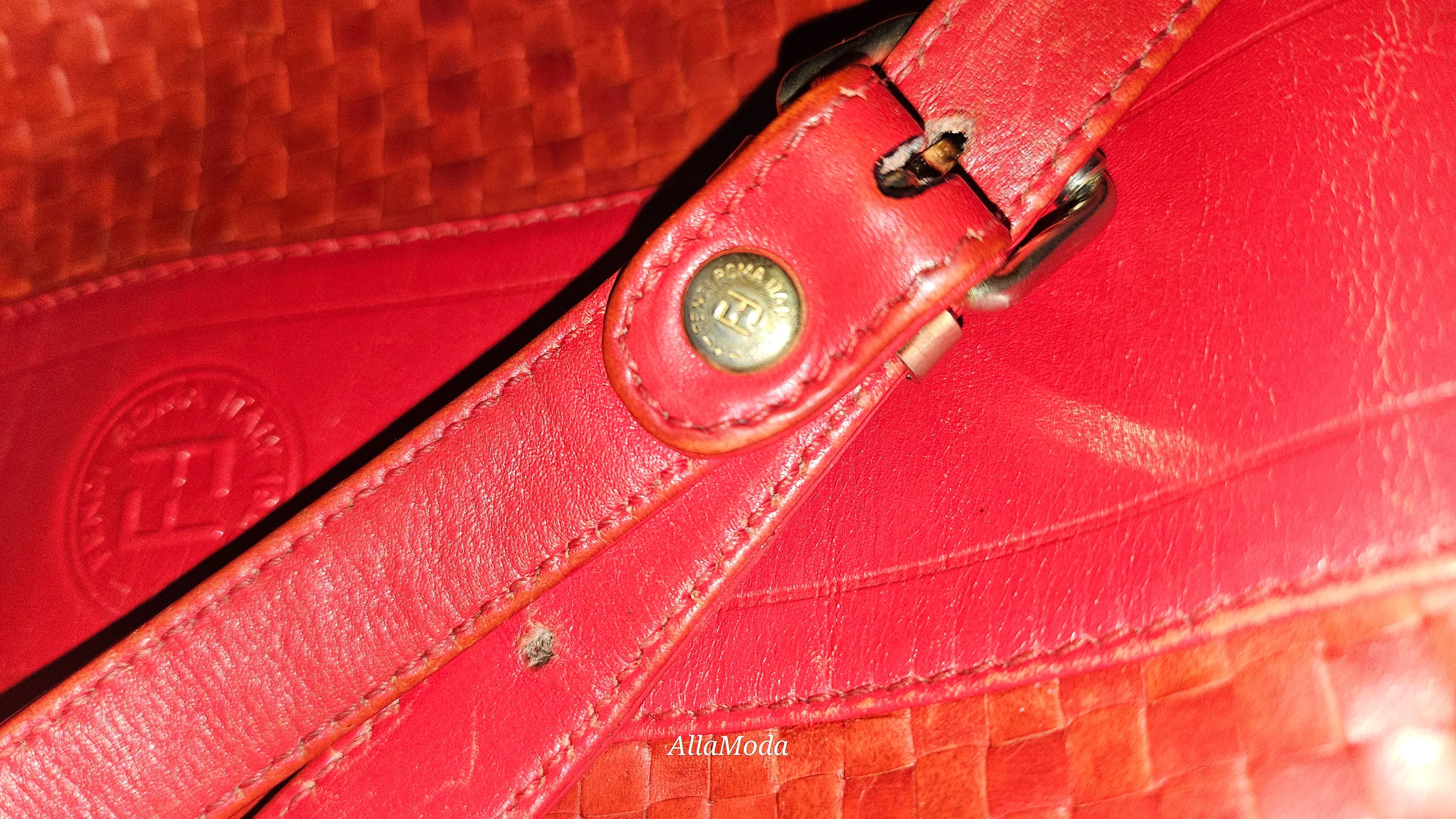 Fendi Red Intrecciato Leather Crossbody Bucket Bag
