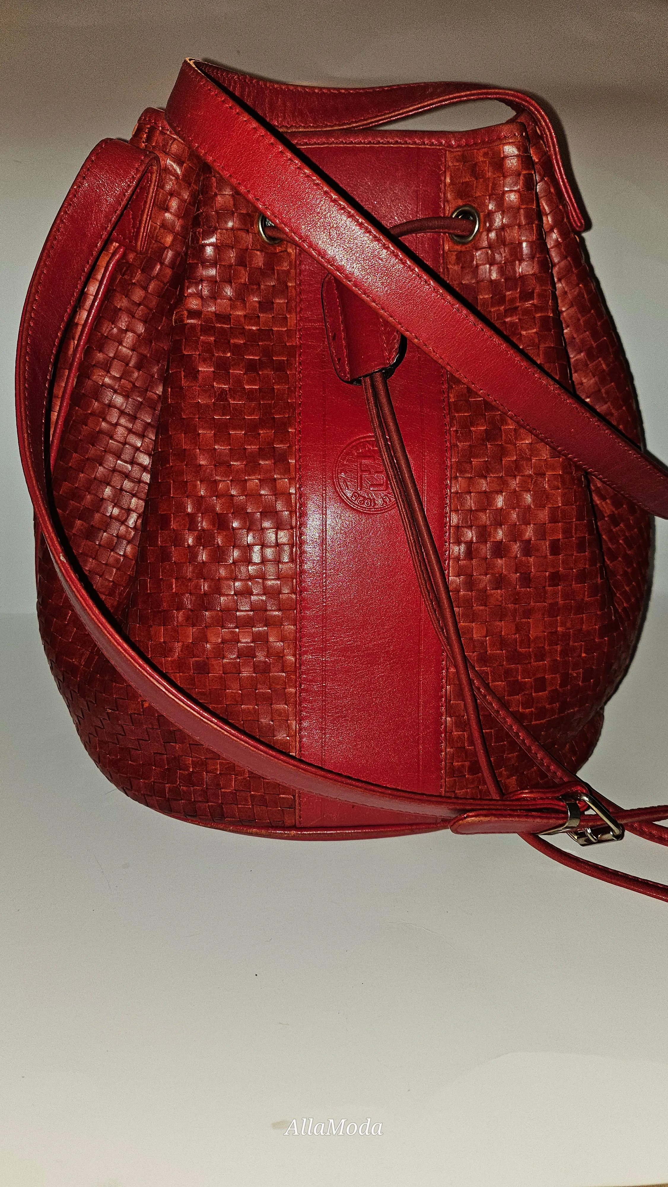 Fendi Red Intrecciato Leather Crossbody Bucket Bag