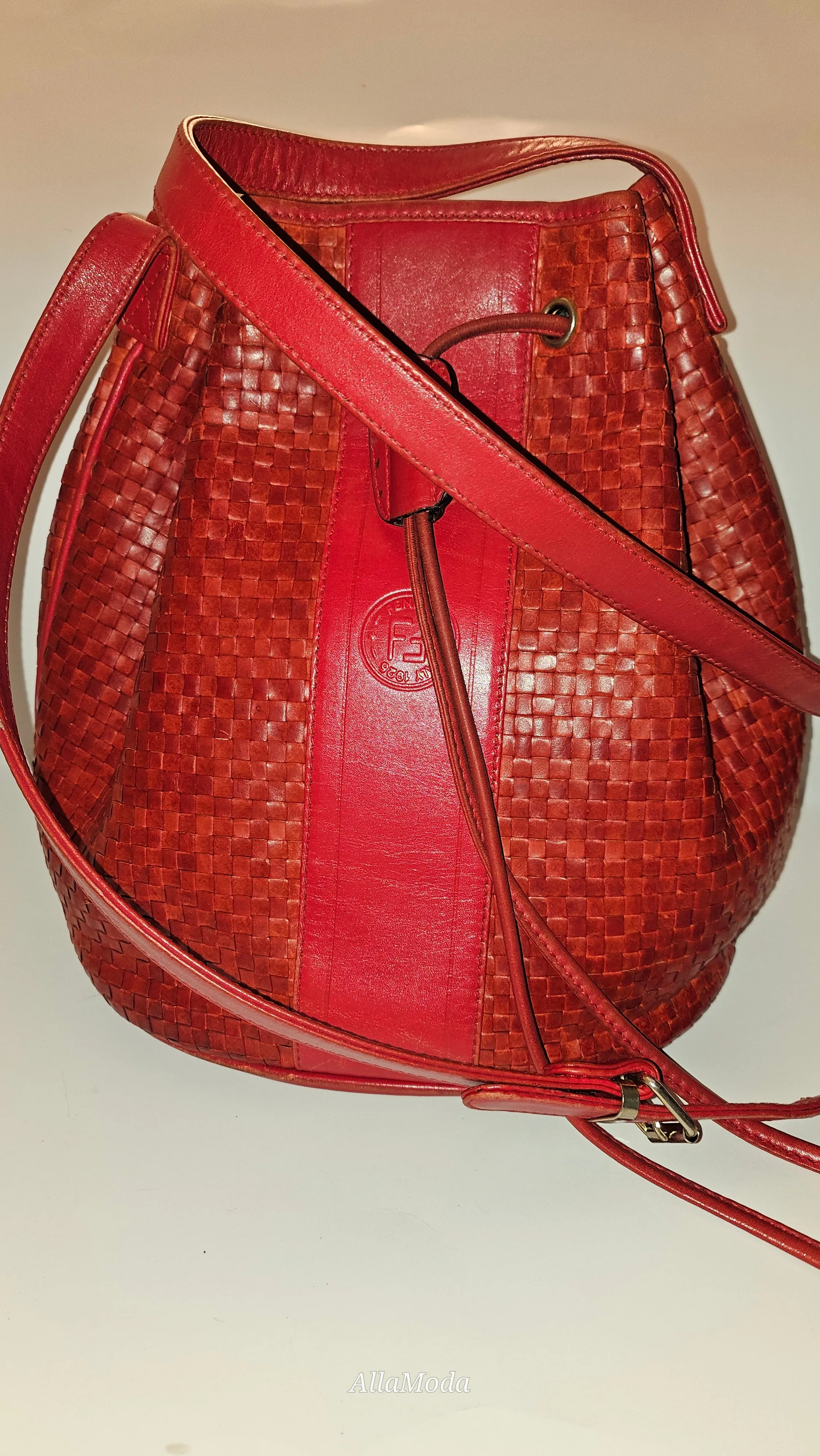 Fendi Red Intrecciato Leather Crossbody Bucket Bag