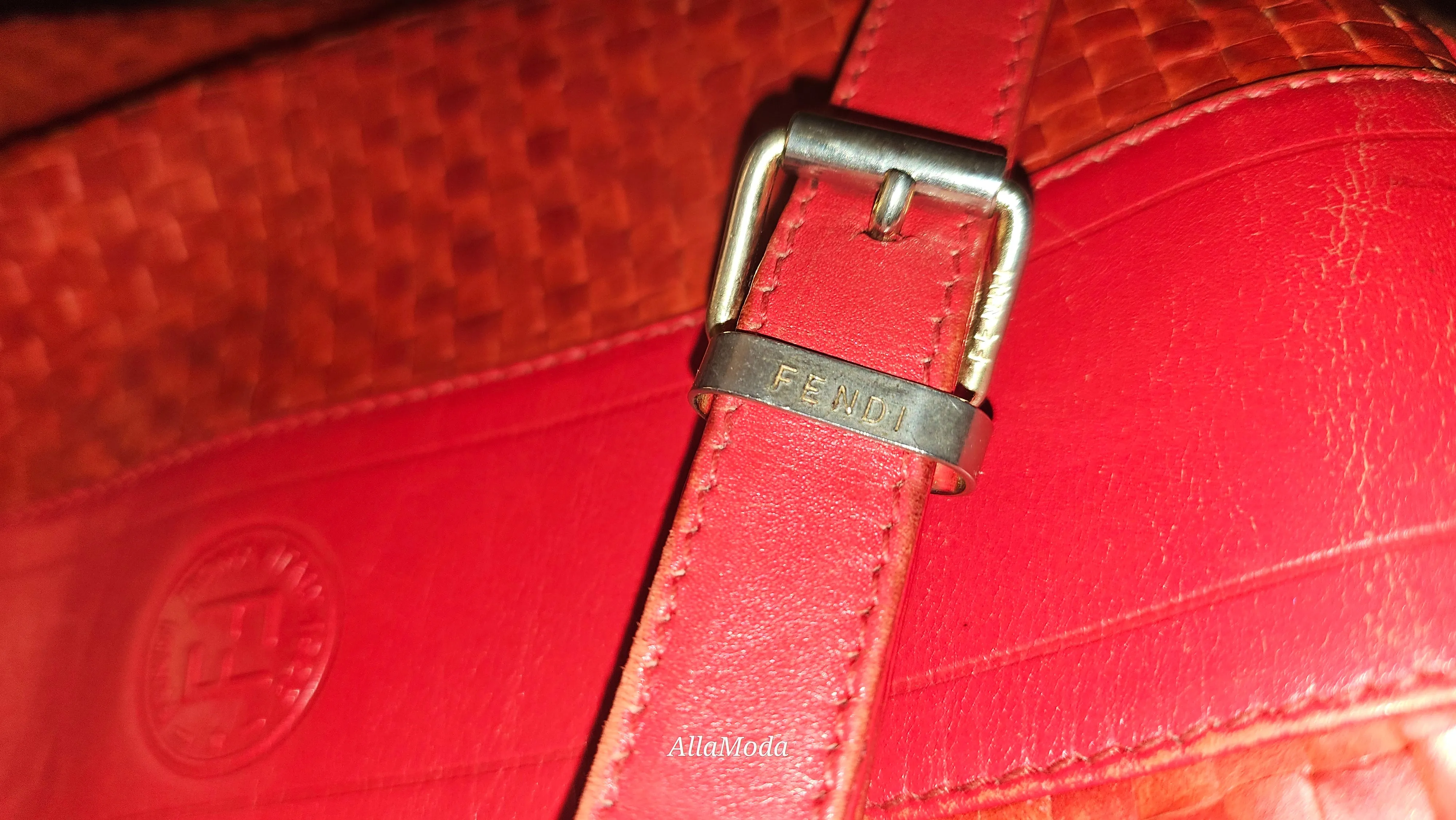 Fendi Red Intrecciato Leather Crossbody Bucket Bag