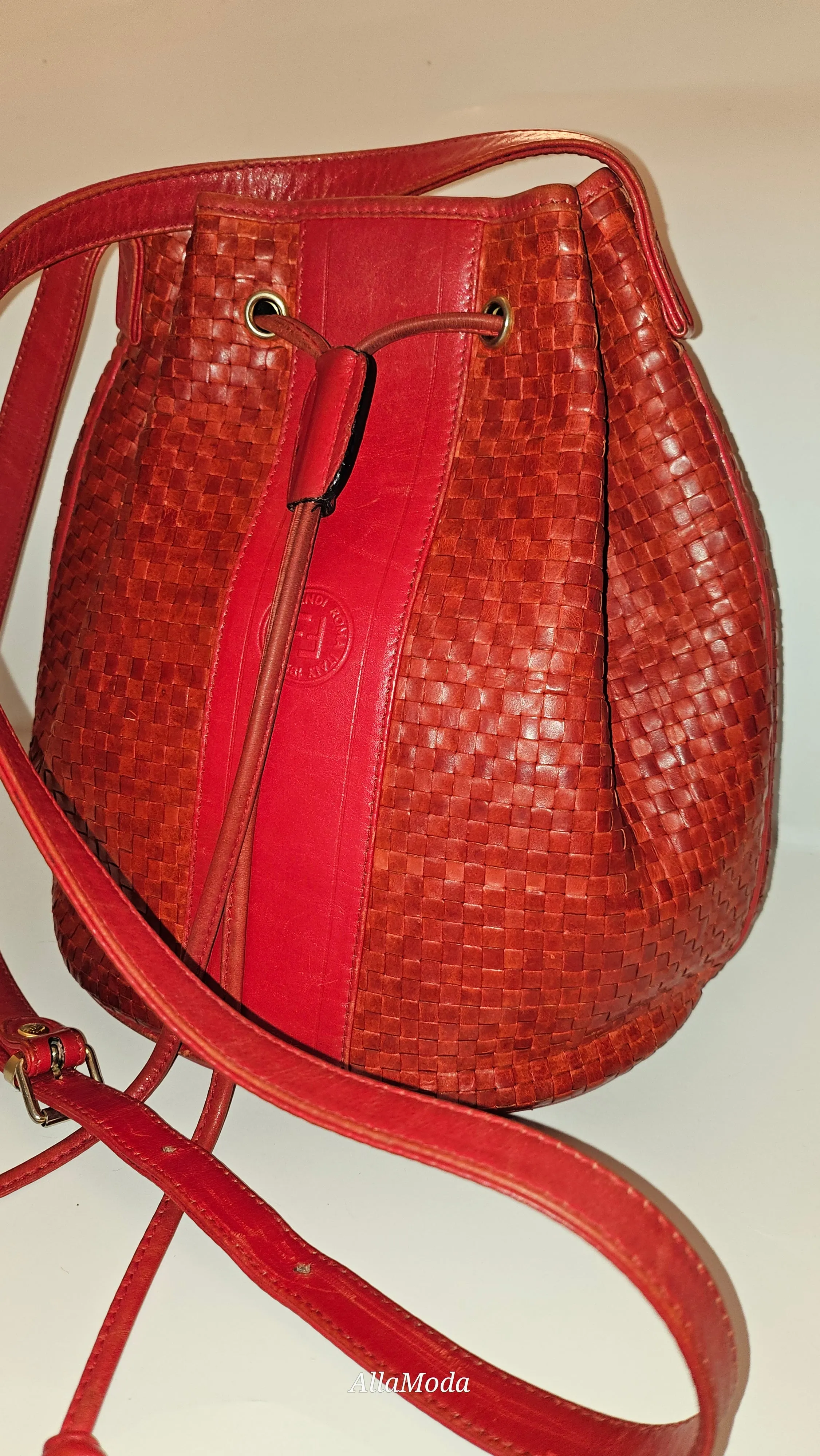 Fendi Red Intrecciato Leather Crossbody Bucket Bag