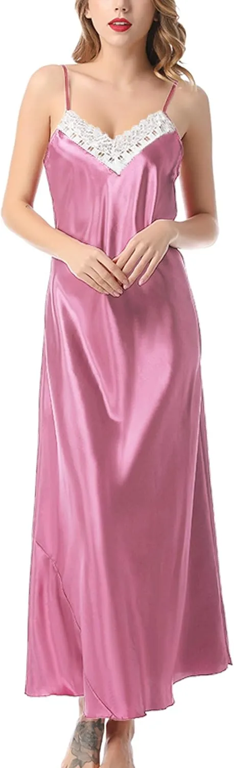FEOYA Women's 2 Pcs Ice Silky Pajama Set Full Slip Camisole Nightdress Bathrobe Set
