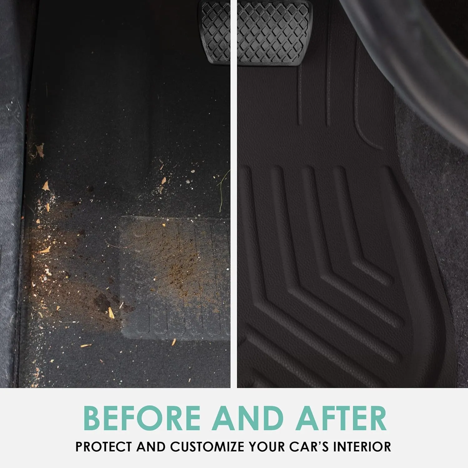 FH Group Automotive Floor Mats - Faux Leather Deep Dish Floor Mats, Trim-to-Fit Floor Mats for Cars, Universal Fit Floor Mats Full Set, Car Mats for Most Sedan, SUV, Truck Floor Mats Black