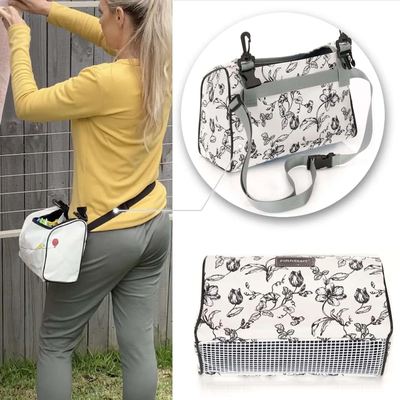FifthStart Beige Flora Wearable Clothespin Bag with Shoulder & Waist Strap - Clothes Pin Bag Holds Up to 300 Medium Clothespins