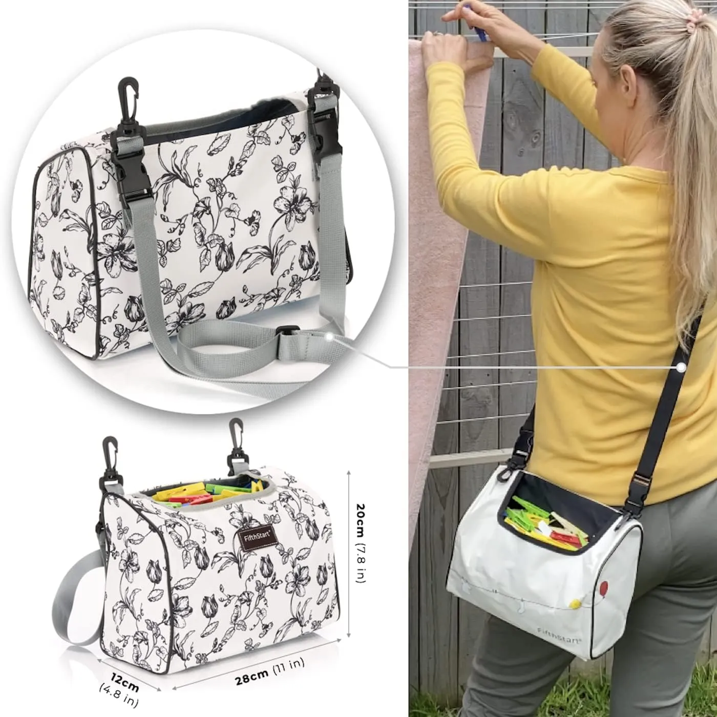 FifthStart Beige Flora Wearable Clothespin Bag with Shoulder & Waist Strap - Clothes Pin Bag Holds Up to 300 Medium Clothespins